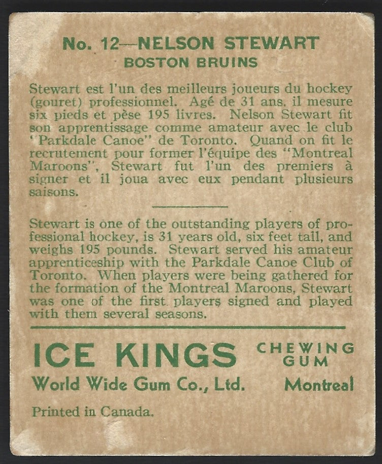 1933 V357 World Wide Gum Ice Kings #12 Nels Stewart RC HOF