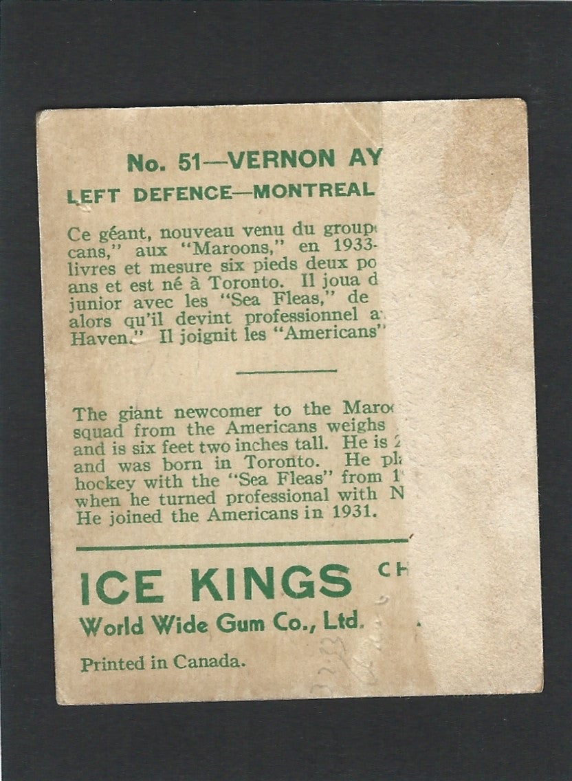 1933 V357 World Wide Gum Ice Kings #51 Vernon Ayers