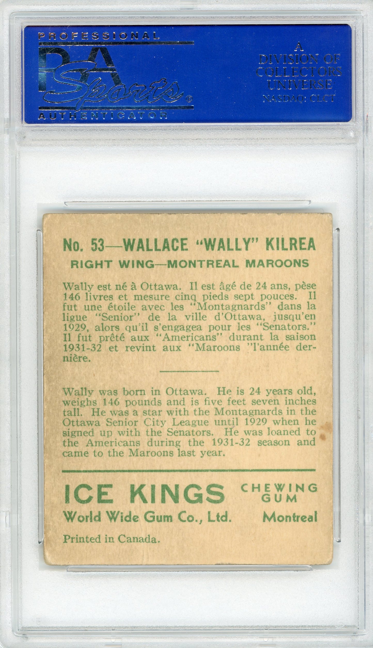 1933 V357 World Wide Gum Ice Kings #53 Wally Kilrea PSA 4