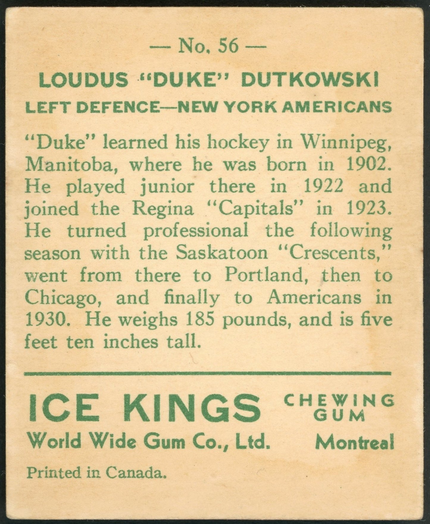 1933 V357 World Wide Gum Ice Kings #56 Duke Dutkowski RC