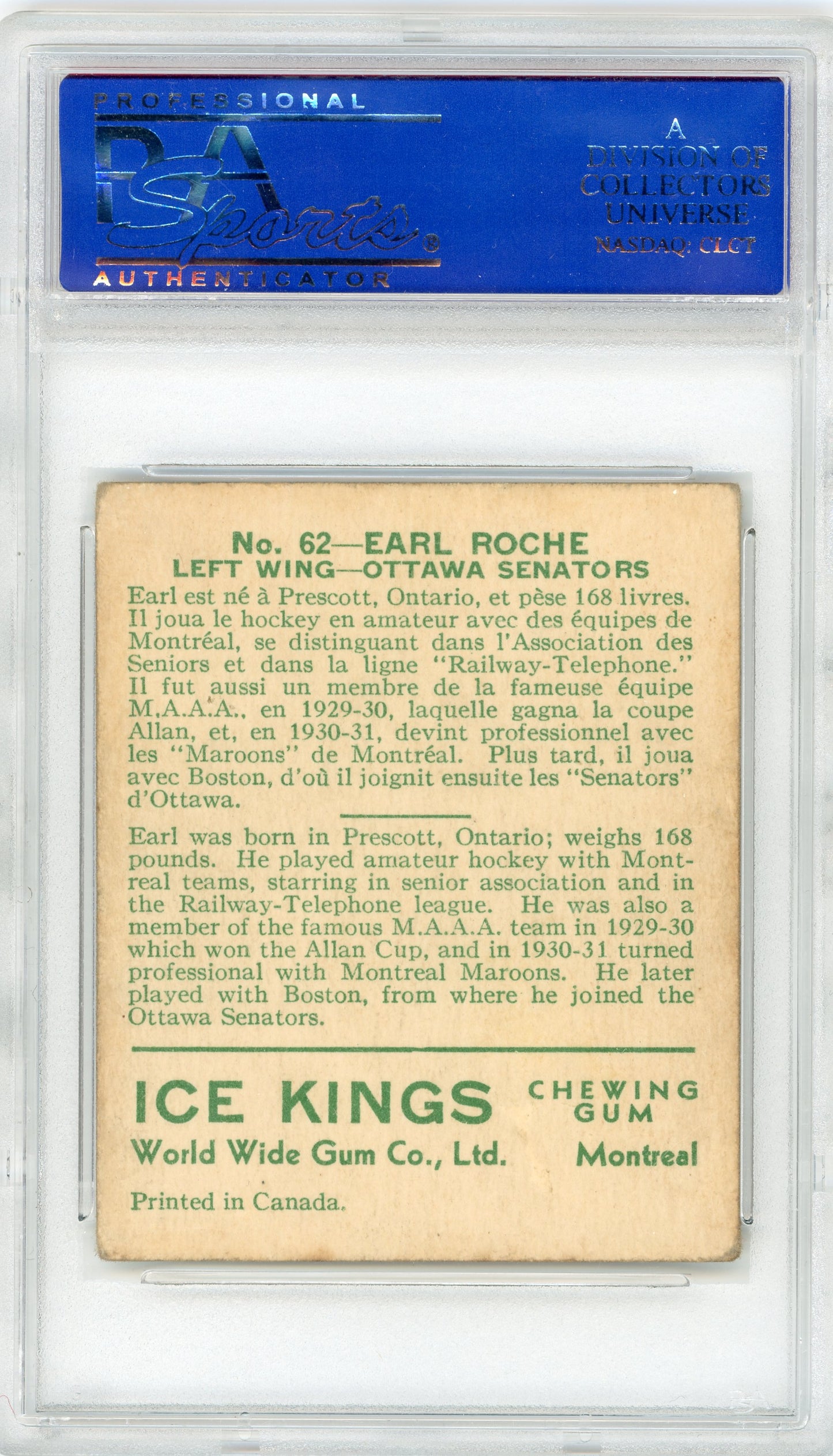 1933 V357 World Wide Gum Ice Kings #62 Earl Roche PSA 4