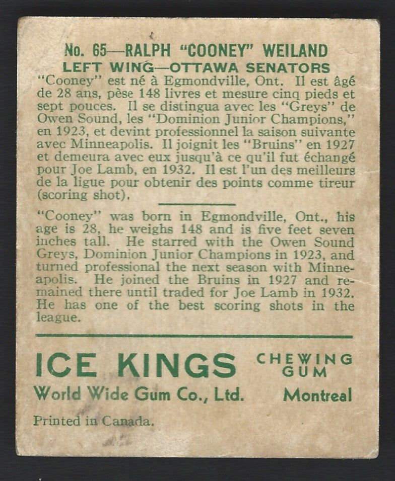 1933 V357 World Wide Gum Ice Kings #65 Cooney Weiland RC HOF
