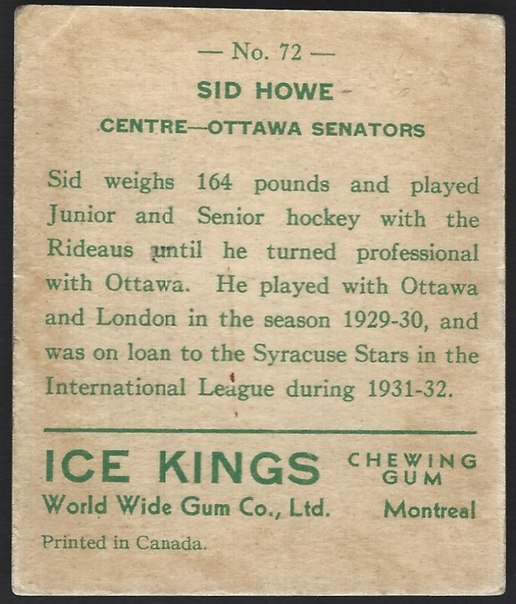 1933 V357 World Wide Gum Ice Kings #72 Sid (Syd) Howe RC HOF