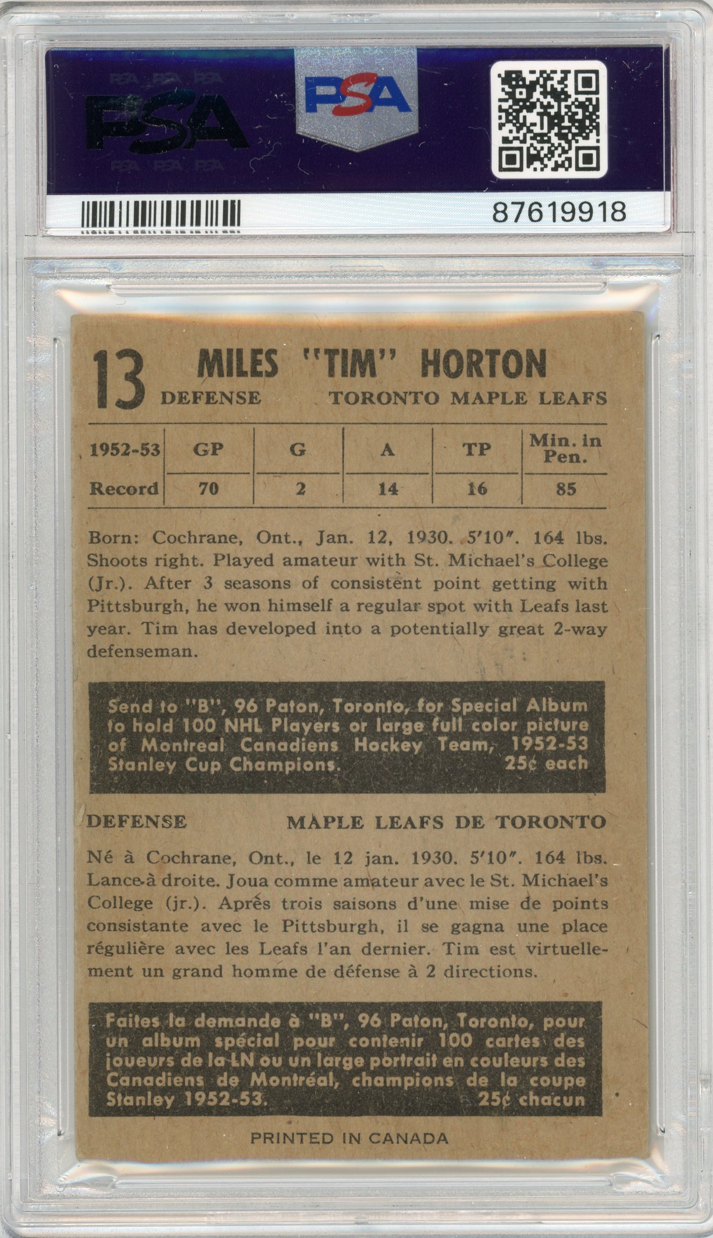 1953 Parkhurst #13 Tim Horton HOF PSA 3.5