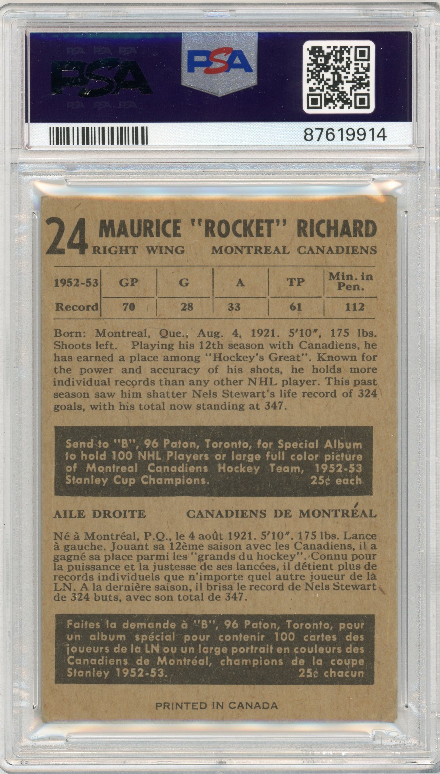 1953 Parkhurst #24 Maurice Richard HOF PSA 3