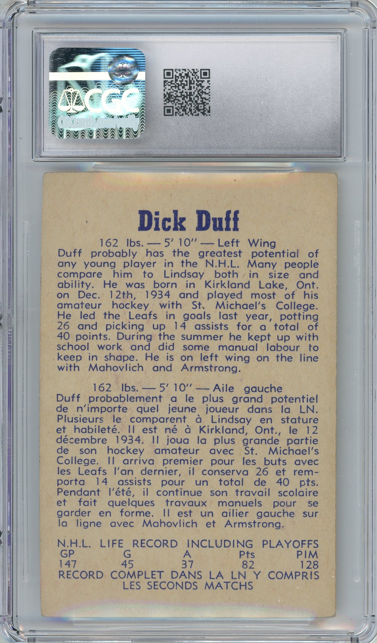 1957 Parkhurst #03 Dick Duff CGC 4.5