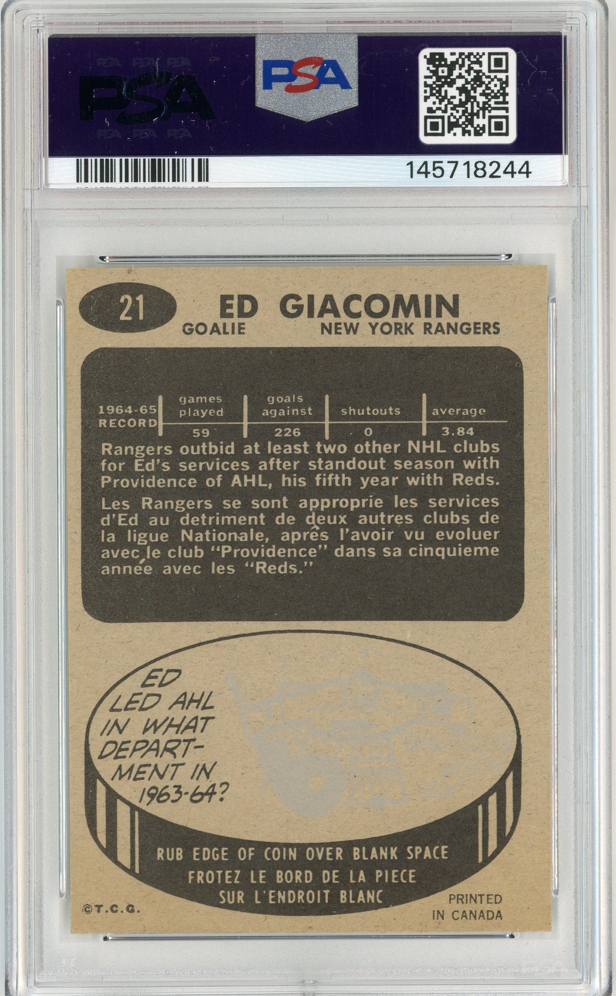 1965 Topps #021 Ed Giacomin RC HOF PSA 7