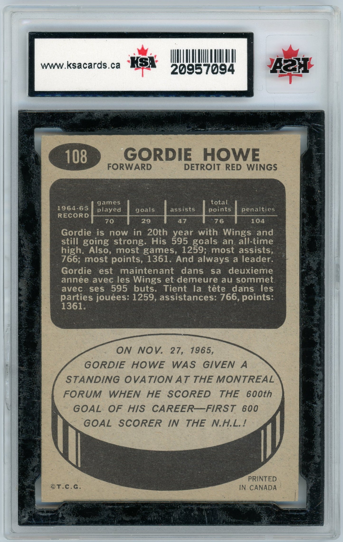 1965 Topps #108 Gordie Howe HOF KSA 8