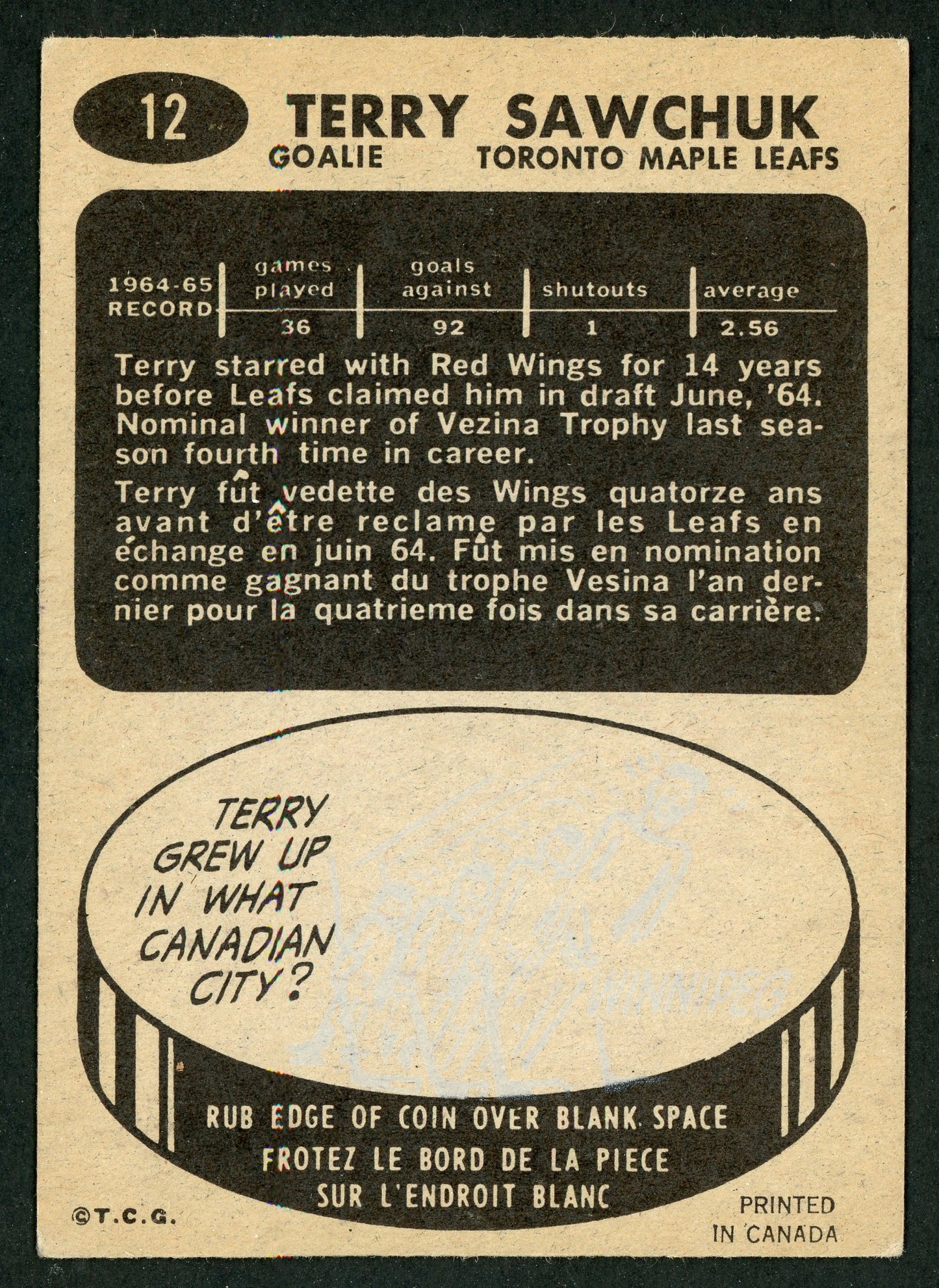 1965 Topps #012 Terry Sawchuk HOF