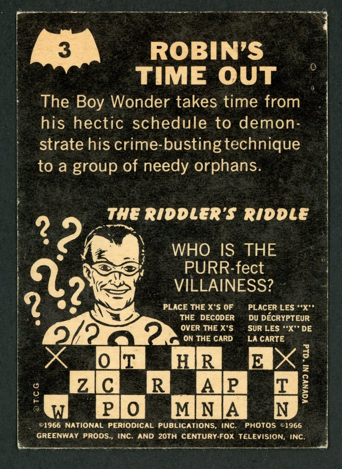 1966 O-Pee-Chee #03 Batman Riddler Back "Robin's Time Out"
