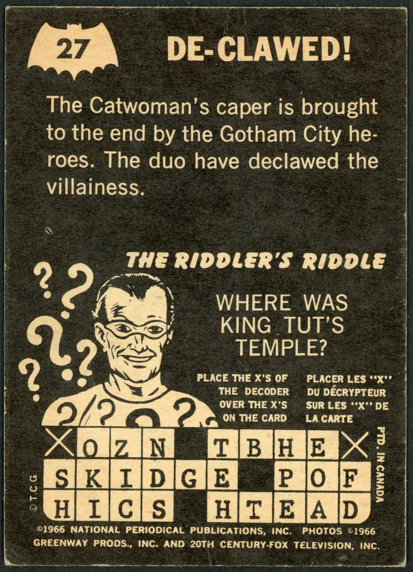 1966 O-Pee-Chee #27 Batman Riddler Back "De-Clawed"