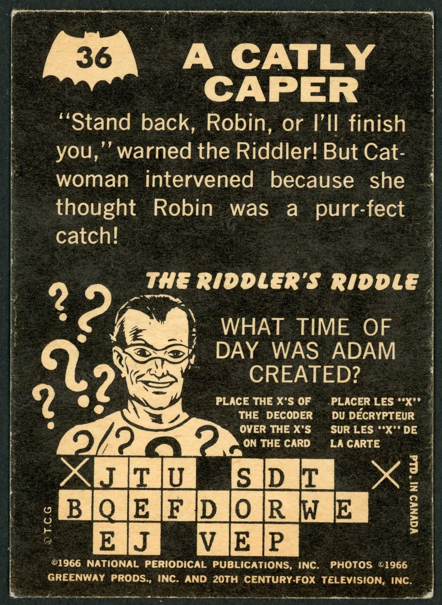 1966 O-Pee-Chee #36 Batman Riddler Back "A Catly Caper"