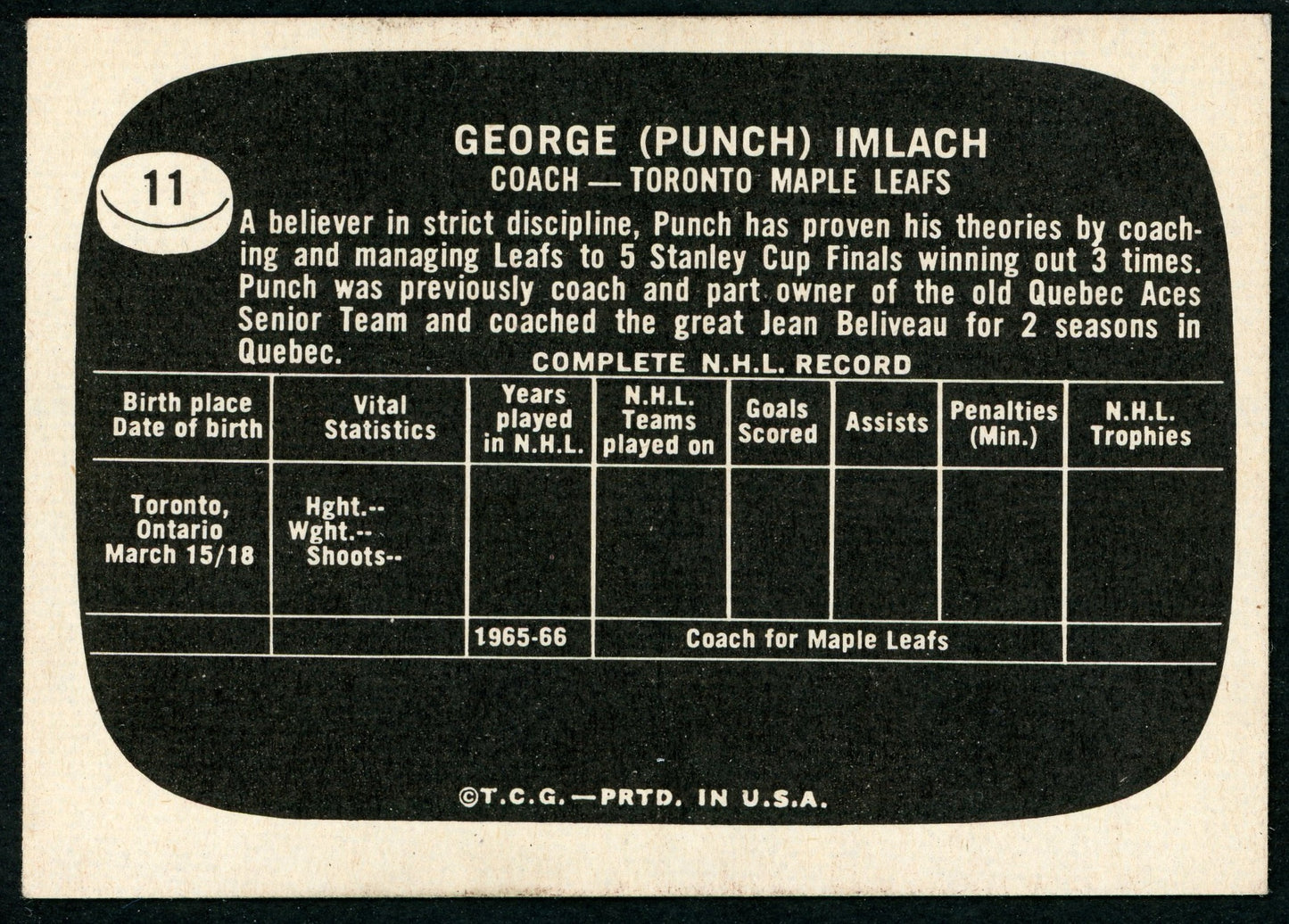 1966 Topps USA Test #11 Punch Imlach HOF
