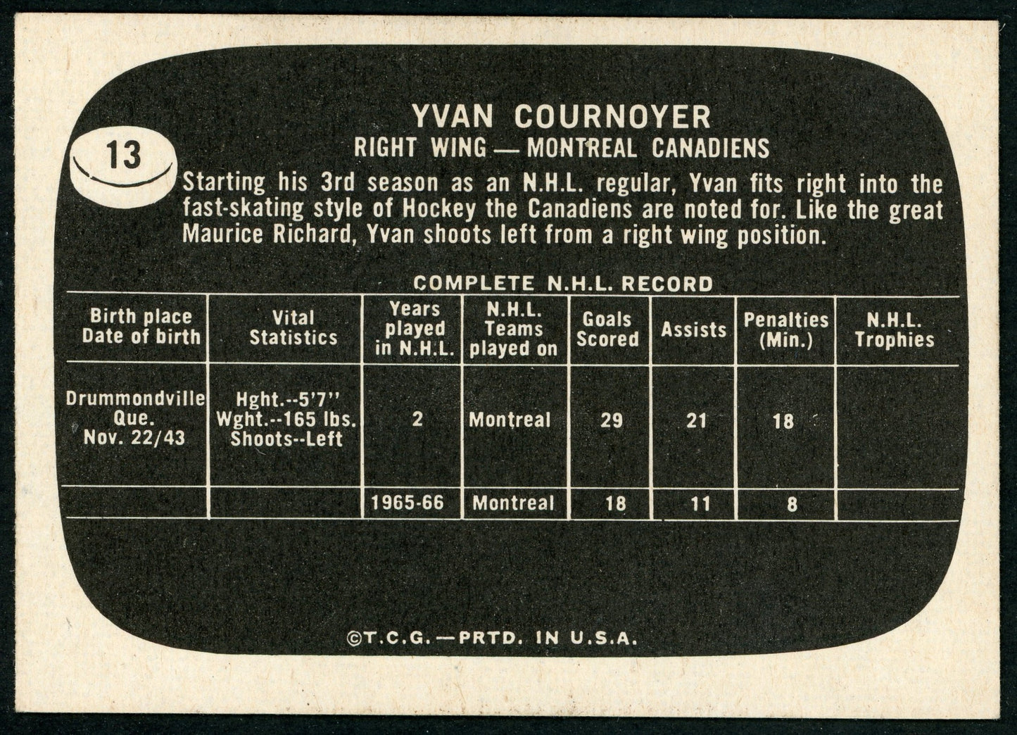 1966 Topps USA Test #13 Yvan Cournoyer HOF