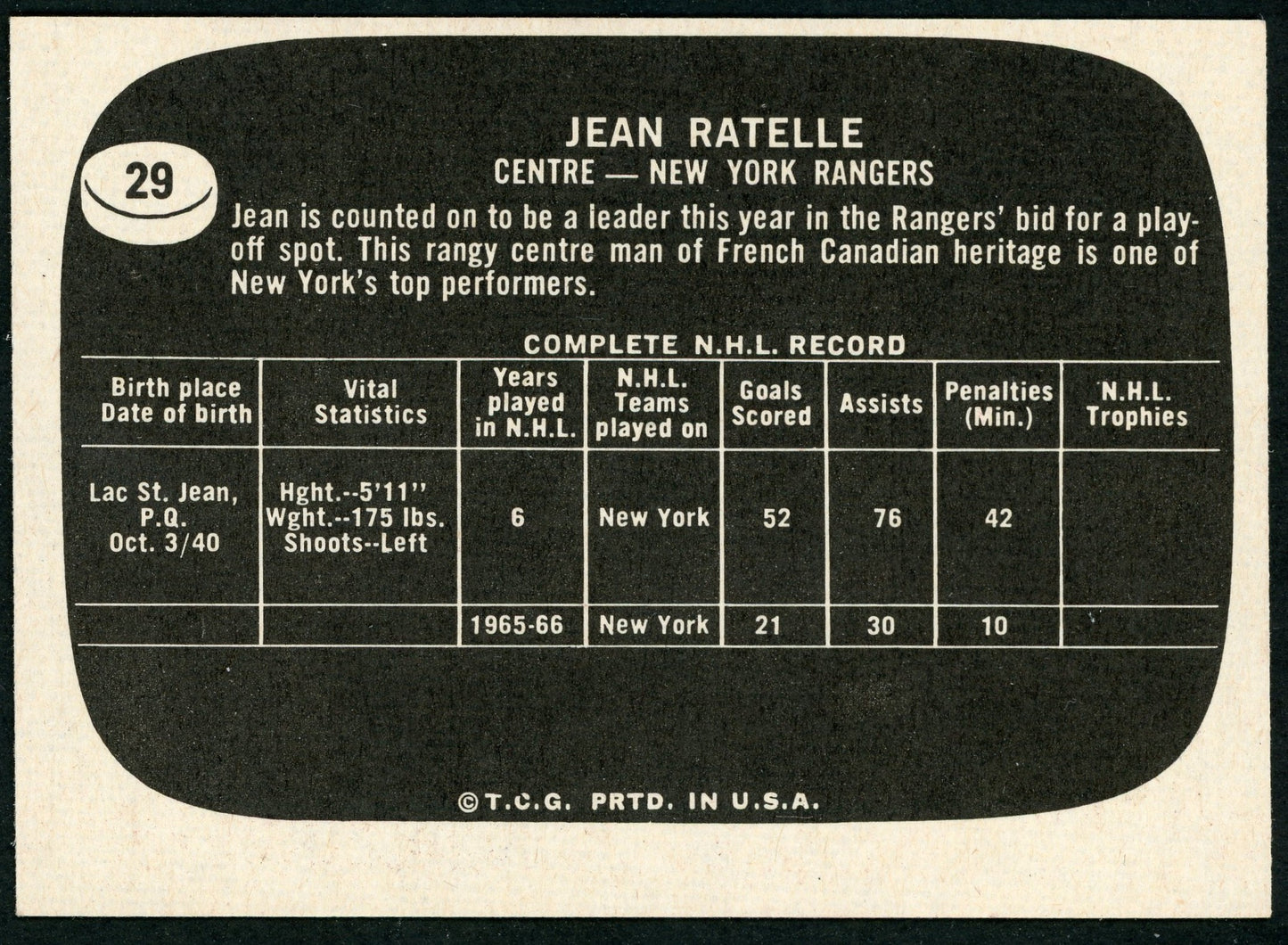 1966 Topps USA Test #29 Jean Ratelle HOF