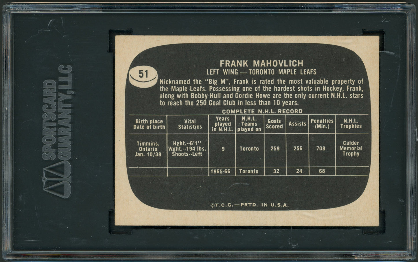 1966 Topps USA Test #51 Frank Mahovlich HOF SGC 5.5