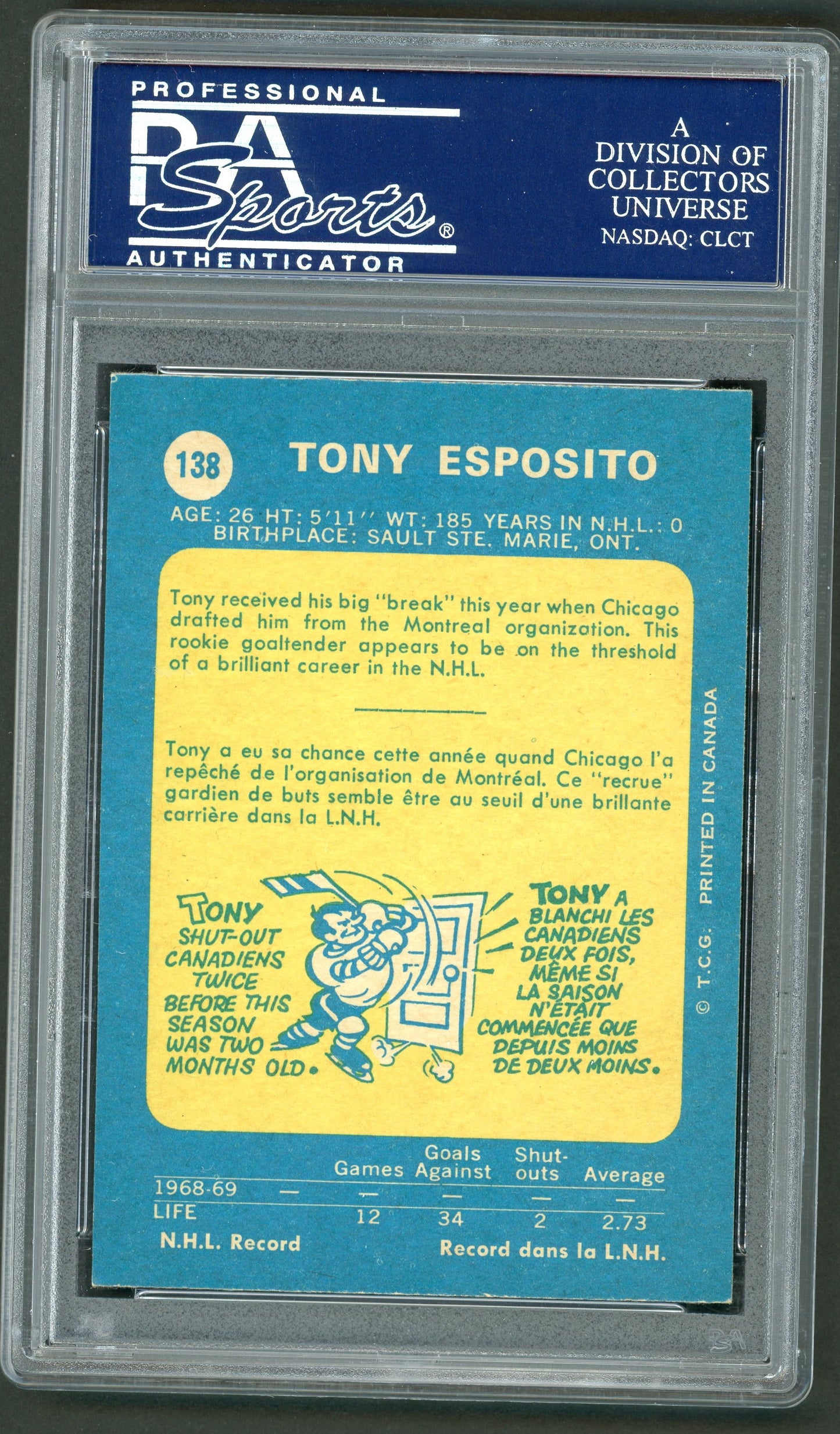 1969 O-Pee-Chee #138 Tony Esposito RC HOF PSA 6