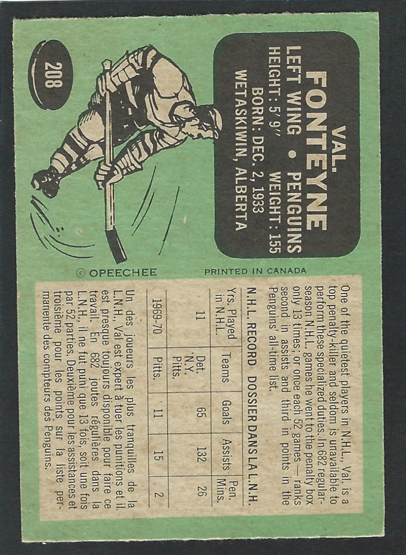 1970 O-Pee-Chee #208 Val Fonteyne