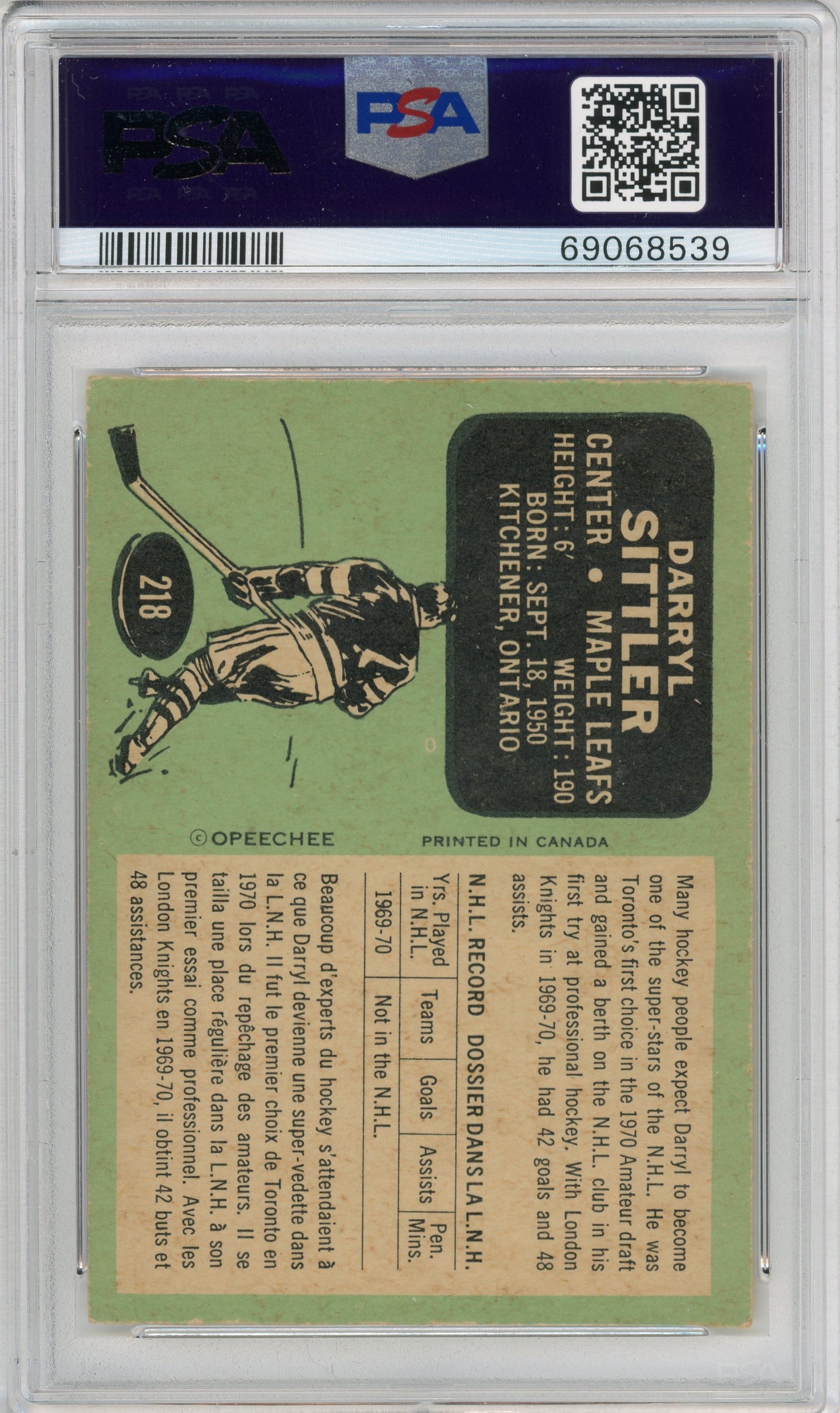 1970 O-Pee-Chee #218 Darryl Sittler RC HOF PSA 6