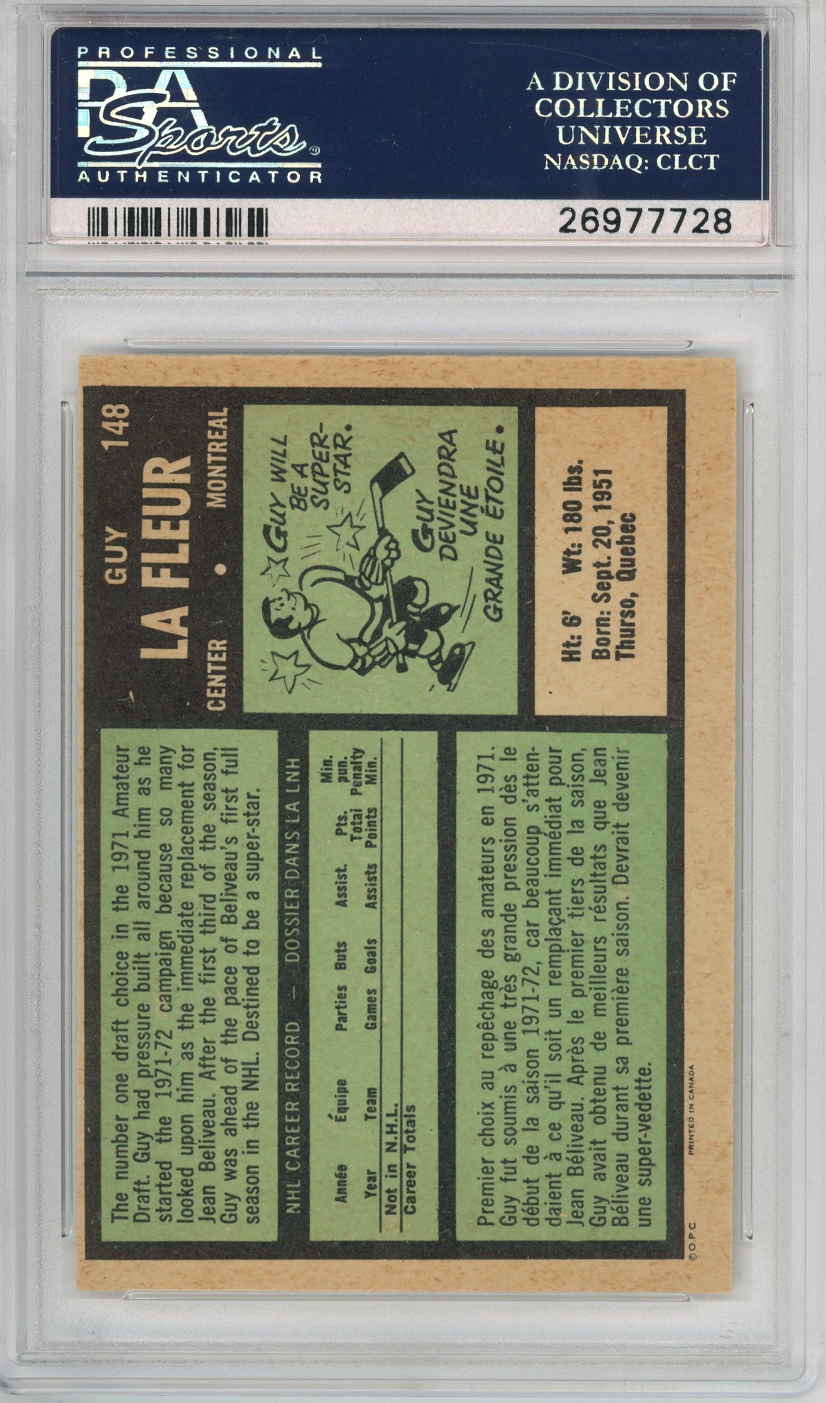 1971 O-Pee-Chee #148 Guy Lafleur RC HOF PSA 5 MC