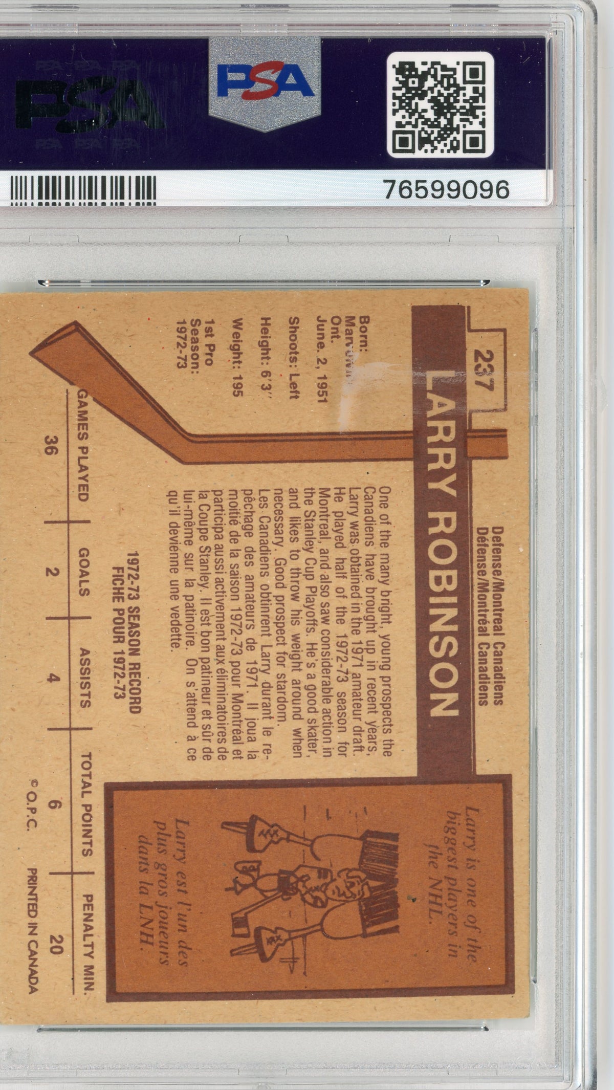1973 O-Pee-Chee #237 Larry Robinson PSA 5 RC HOF