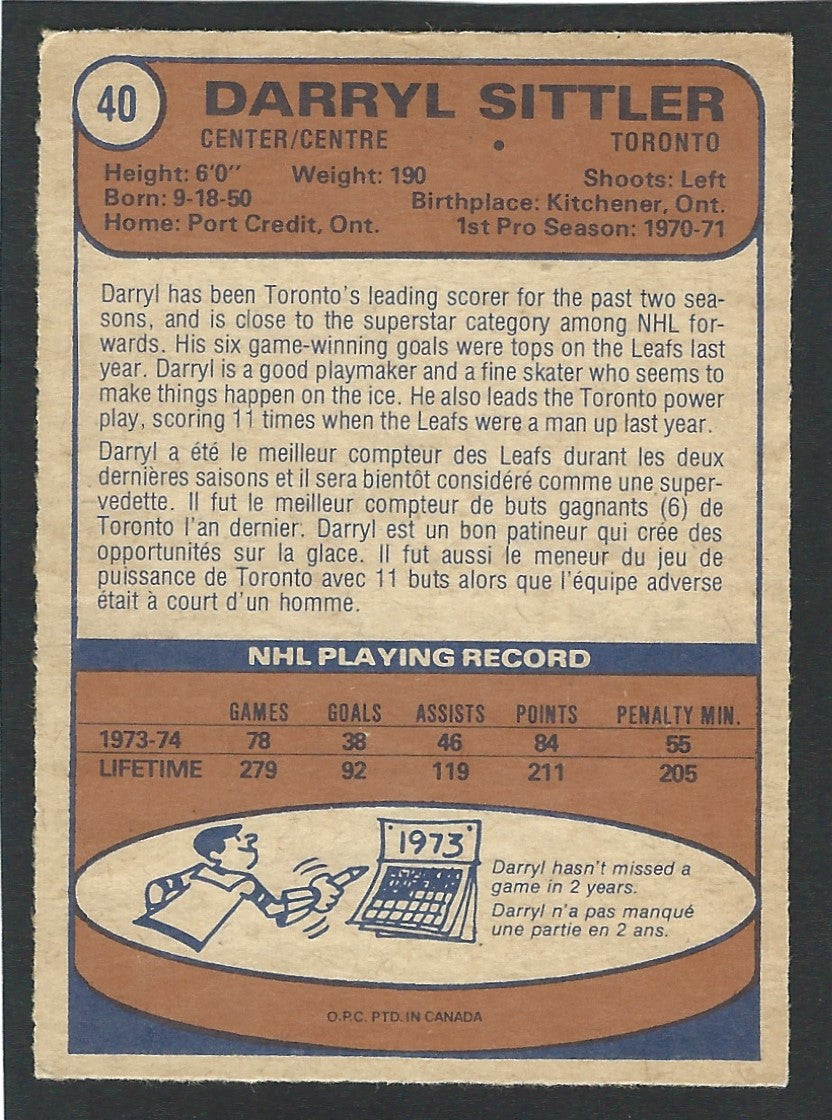 1974 O-Pee-Chee #040 Darryl Sittler HOF