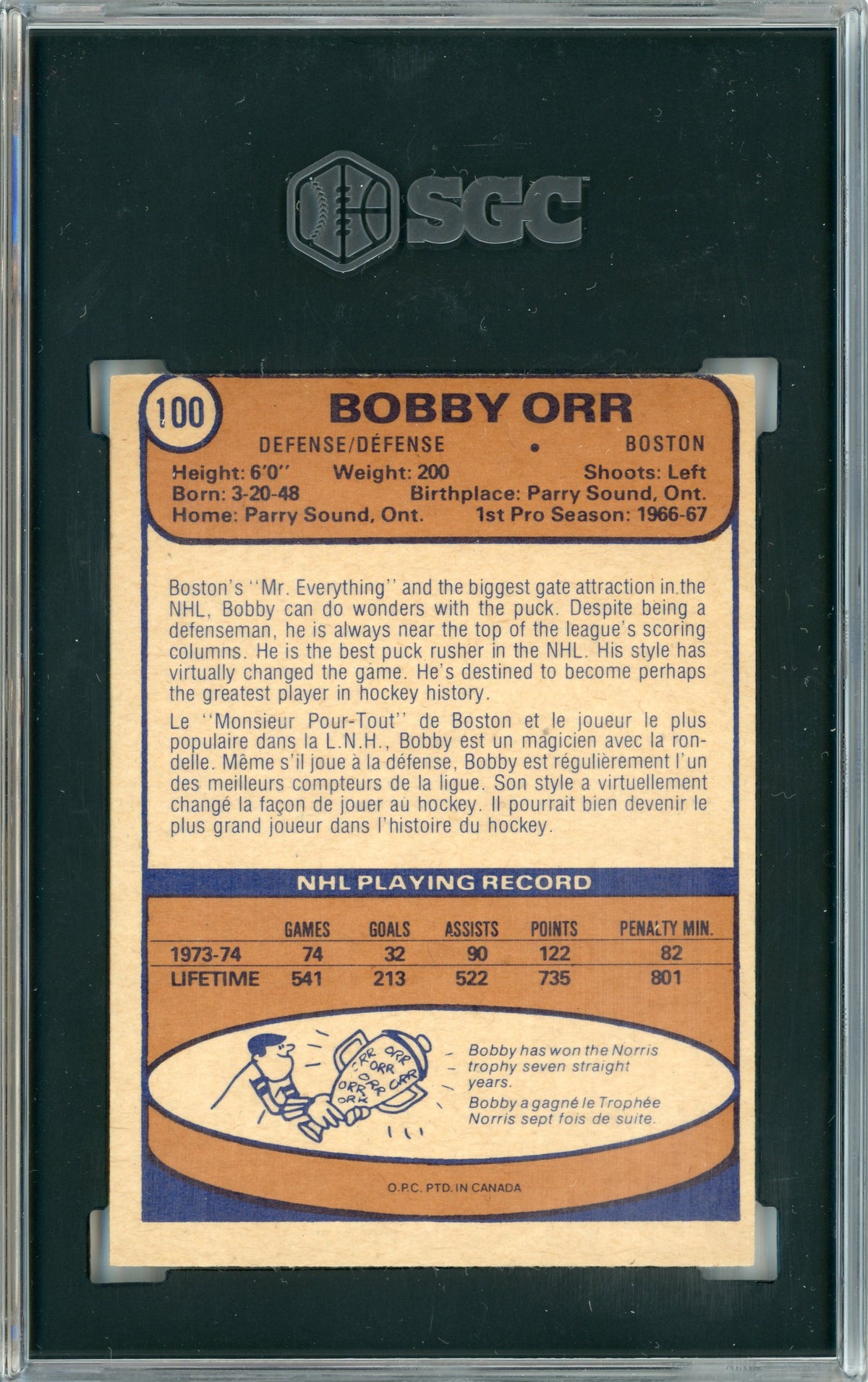 1974 O-Pee-Chee #100 Bobby Orr HOF SGC 5