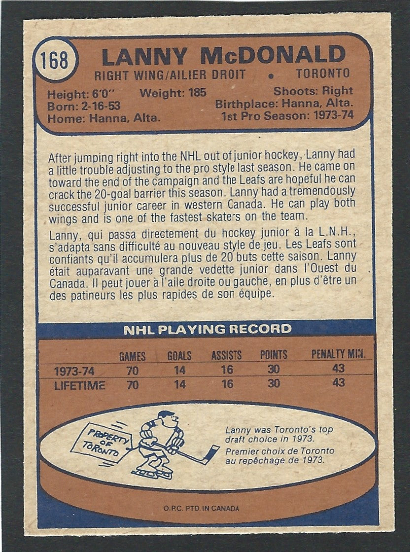 1974 O-Pee-Chee #168 Lanny McDonald RC HOF