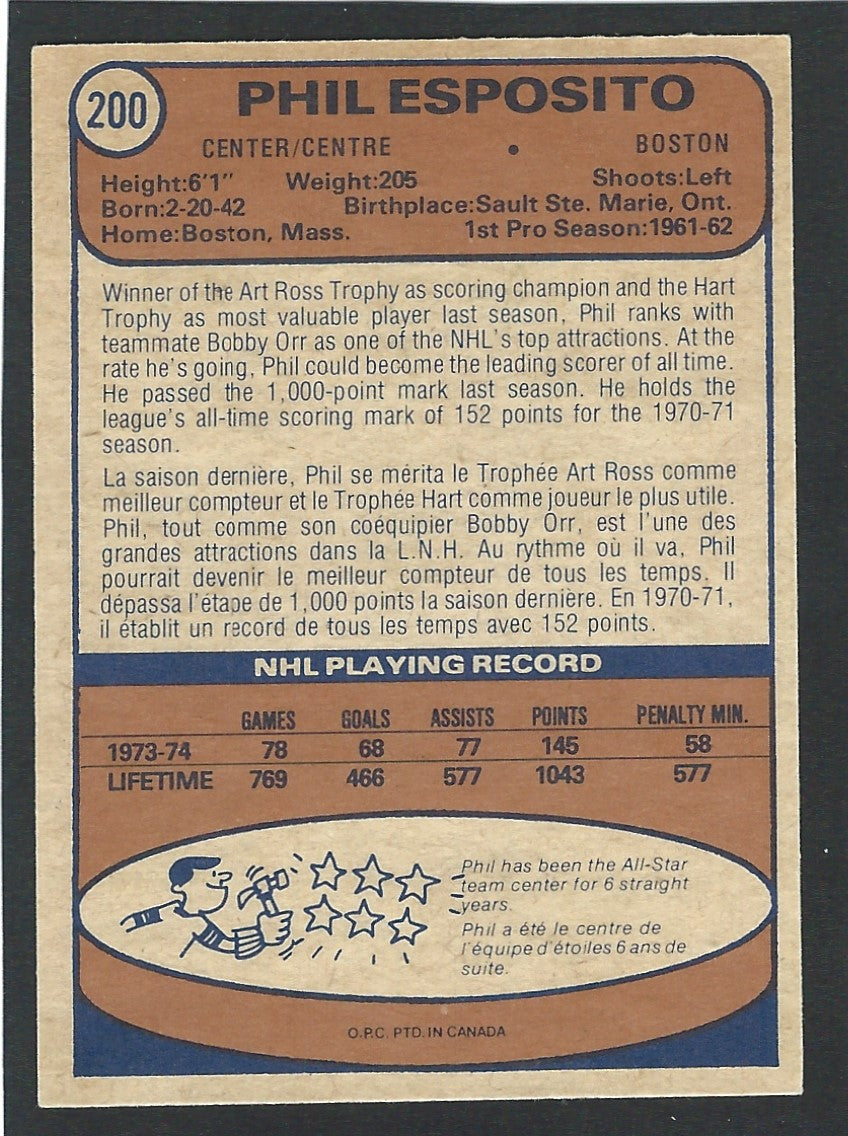 1974 O-Pee-Chee #200 Phil Esposito HOF