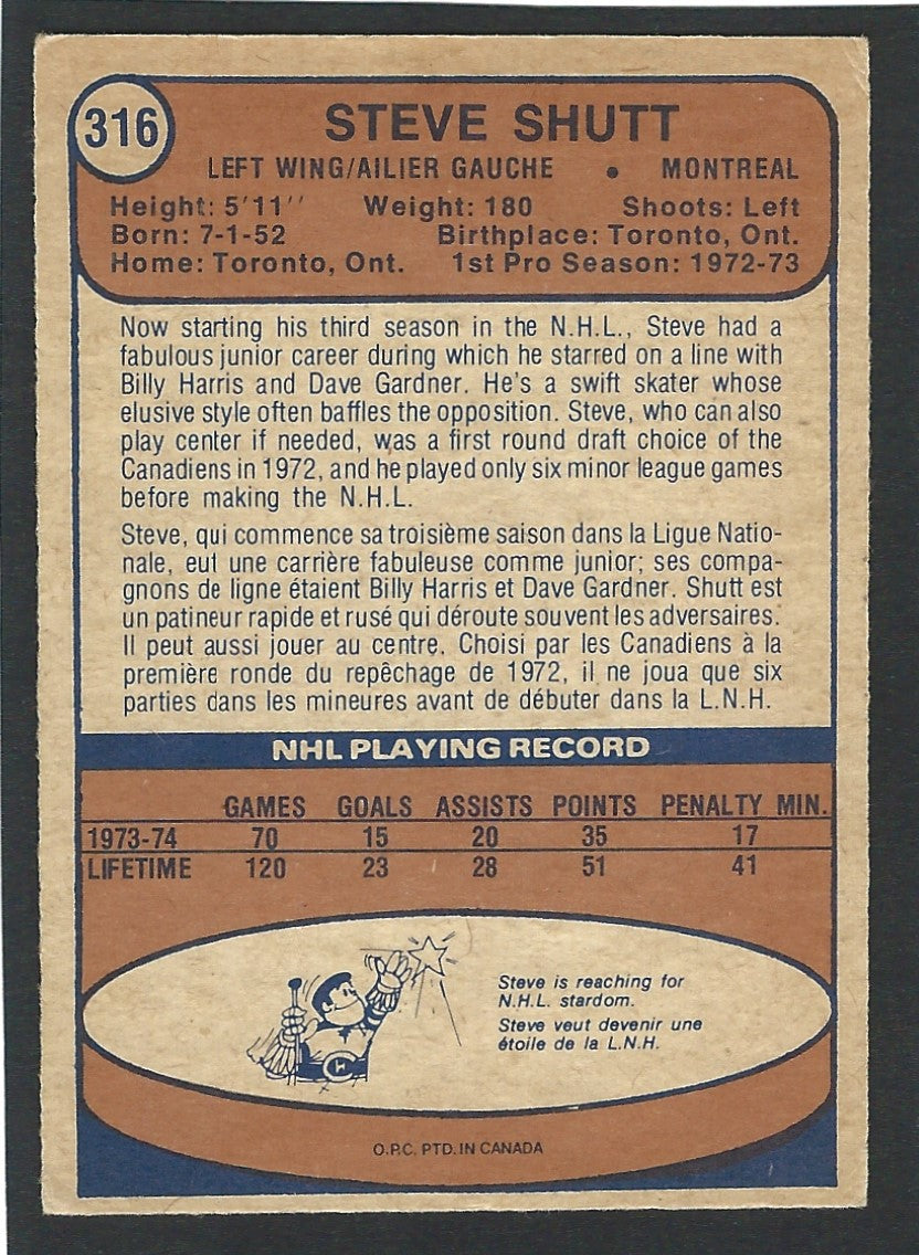 1974 O-Pee-Chee #316 Steve Shutt RC HOF