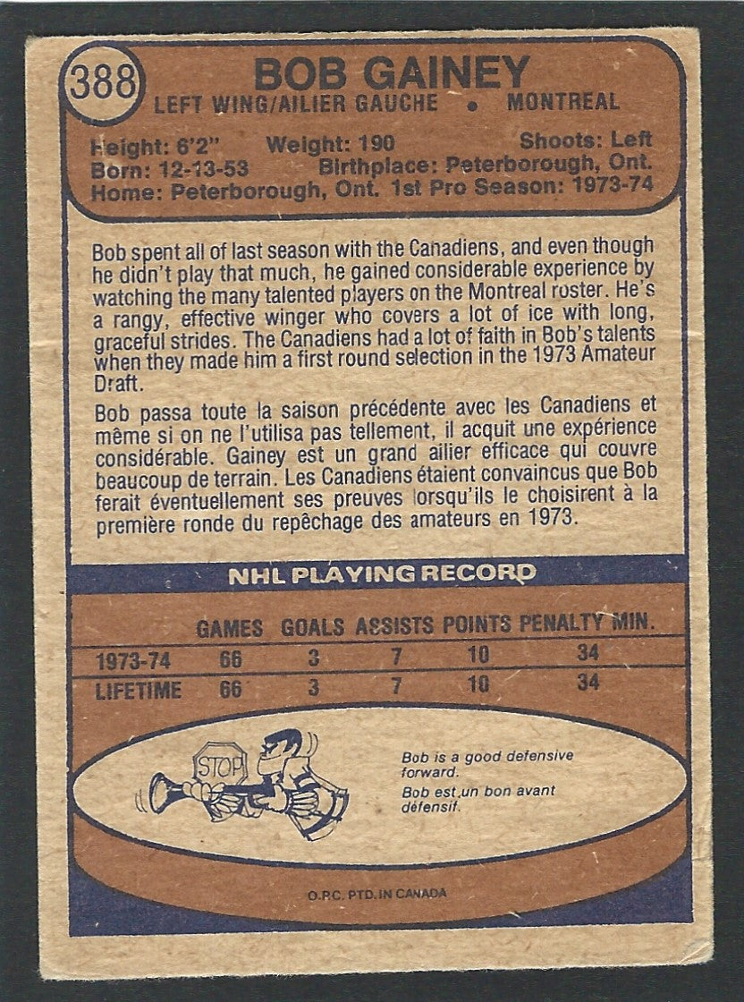 1974 O-Pee-Chee #388 Bob Gainey RC HOF