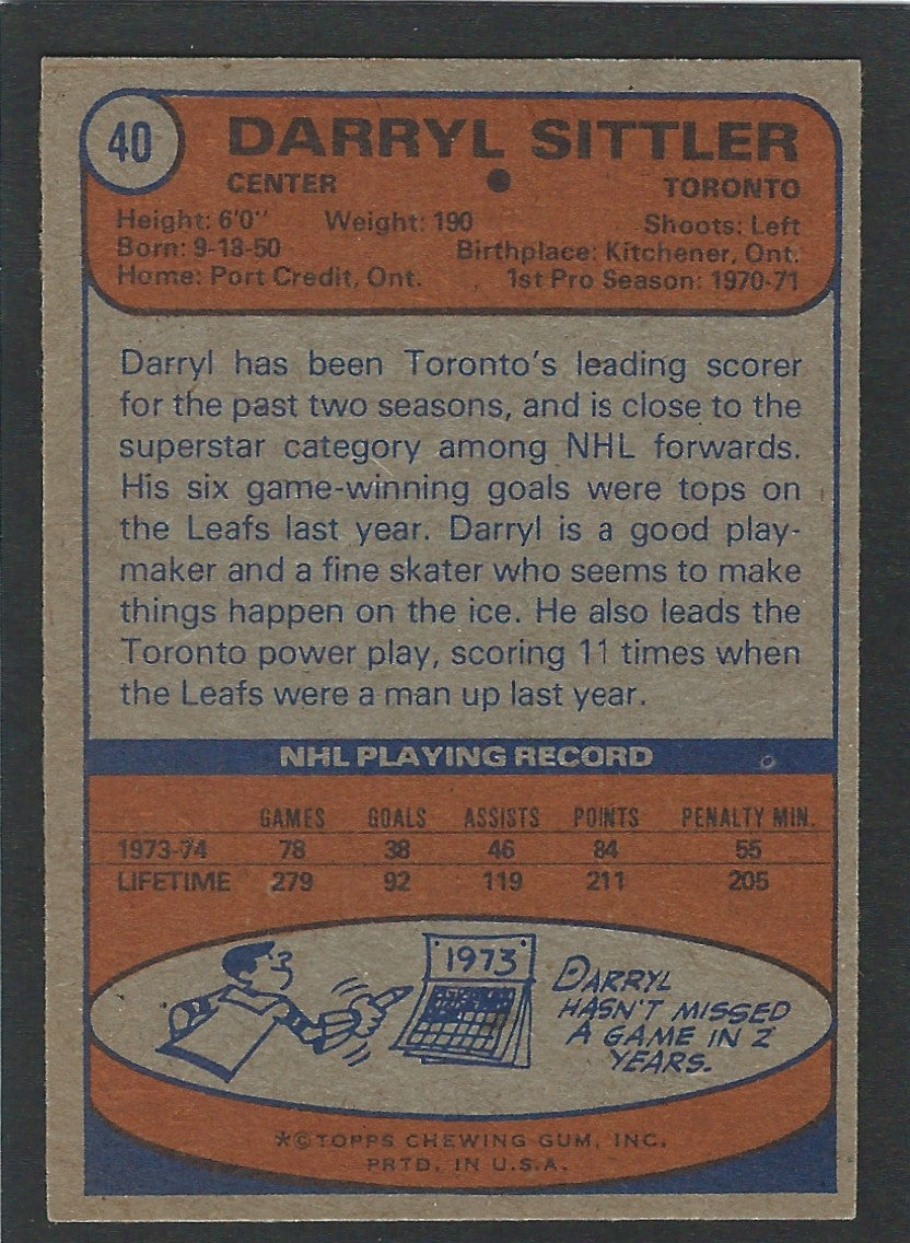 1974 Topps #040 Darryl Sittler HOF
