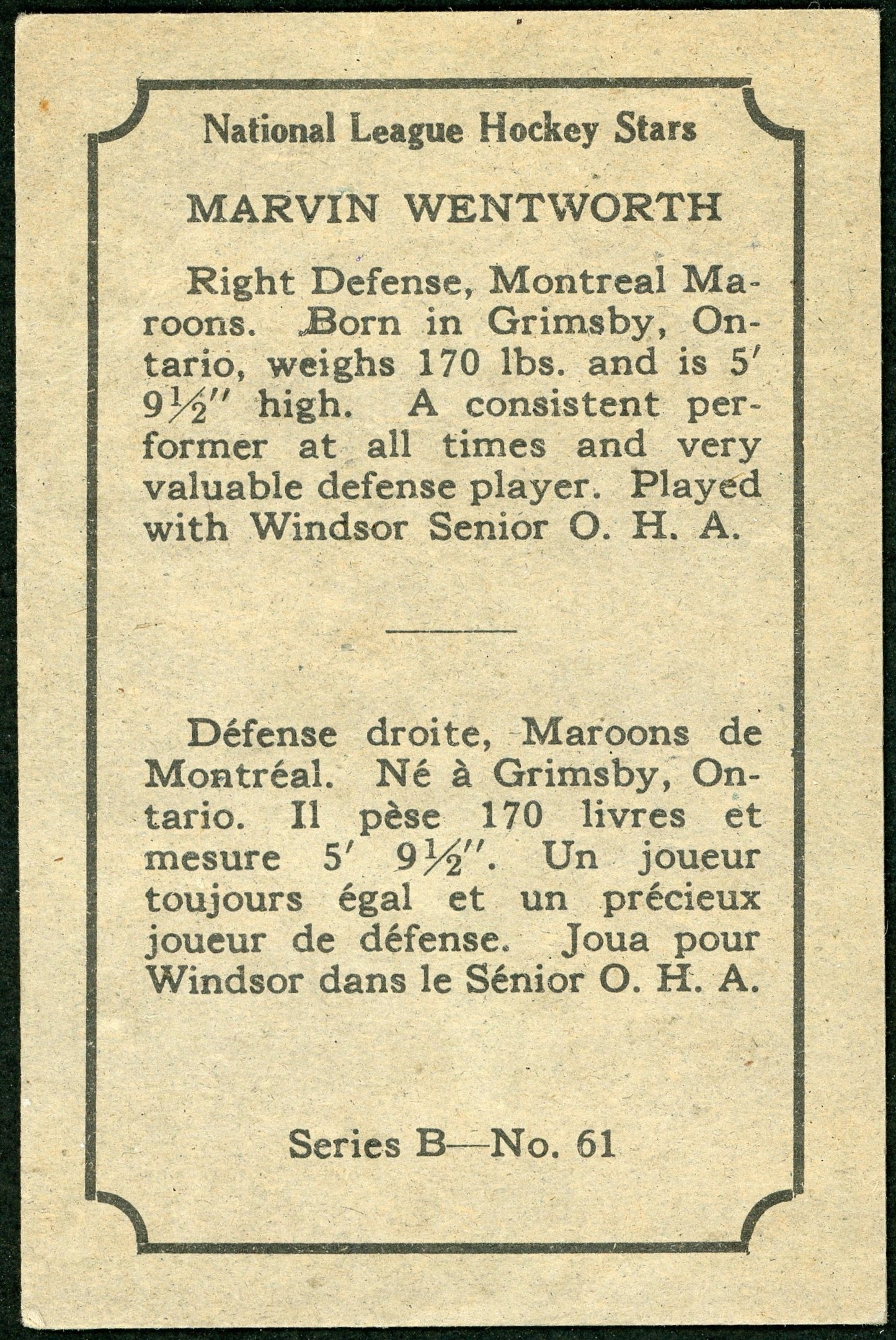 1933 V304B O-Pee-Chee #61 Cy Wentworth