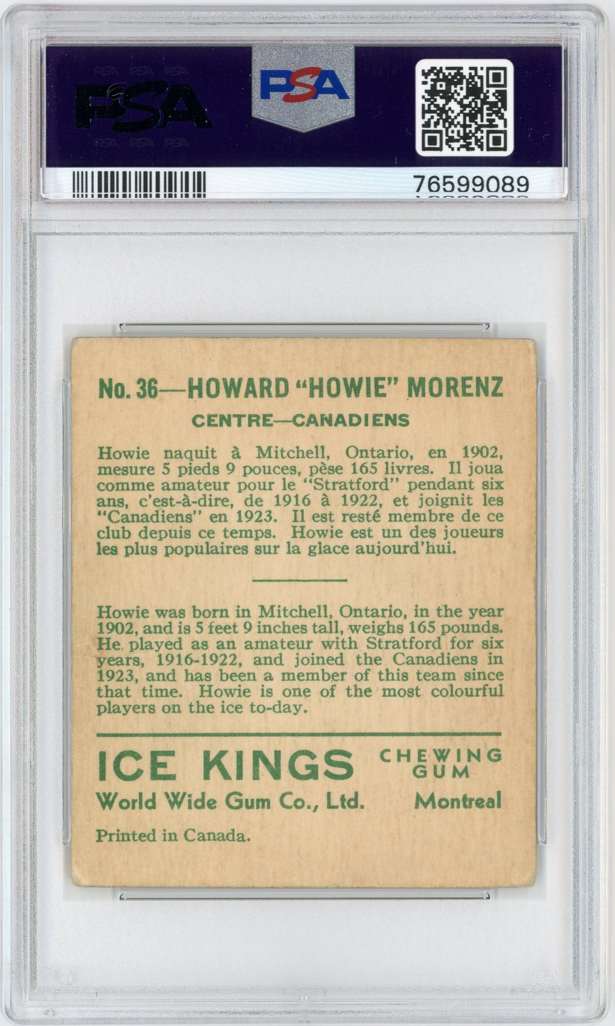 1933 V357 World Wide Gum Ice Kings #36 Howie Morenz PSA 3 HOF