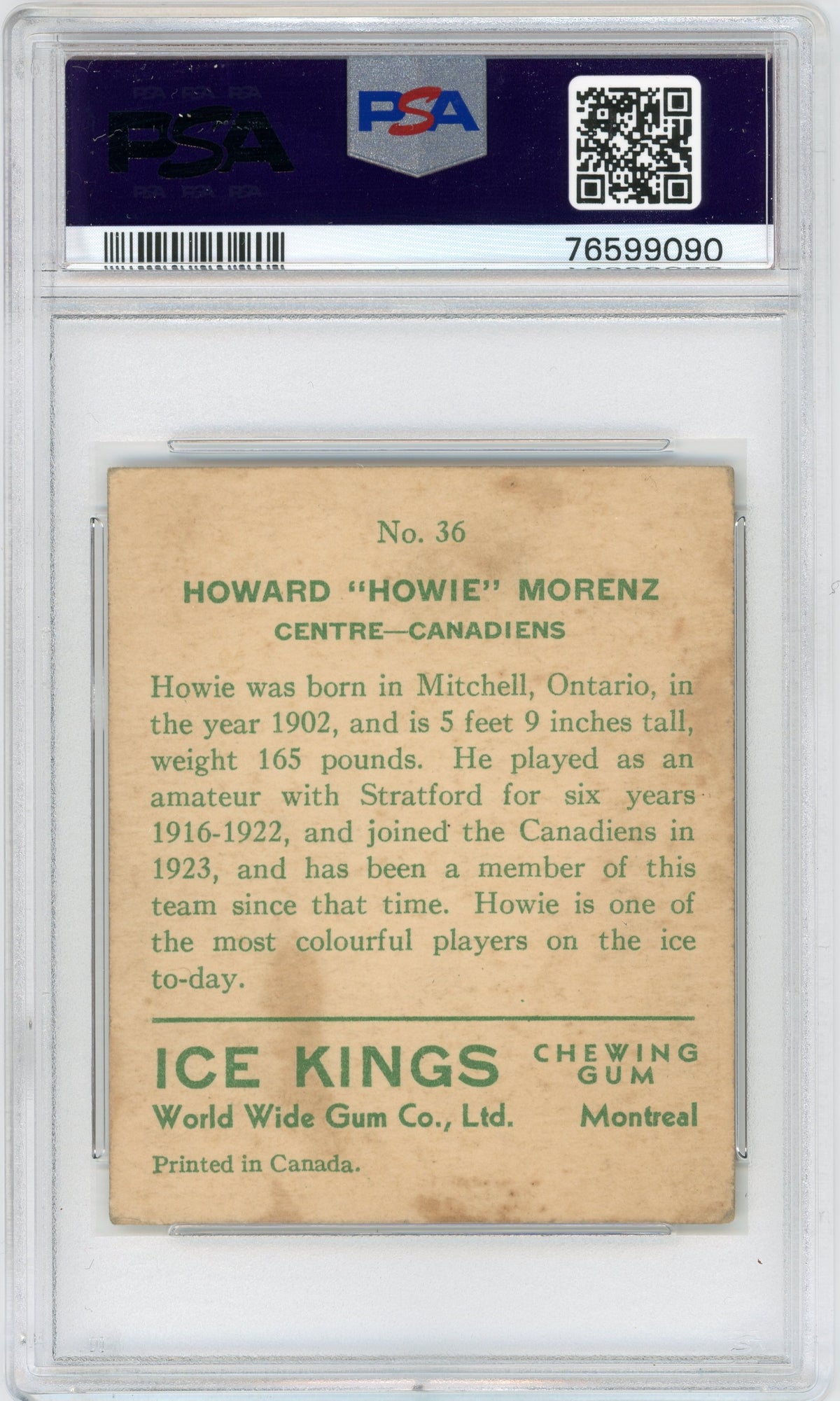 1933 V357 World Wide Gum Ice Kings #36 Howie Morenz PSA 3 HOF