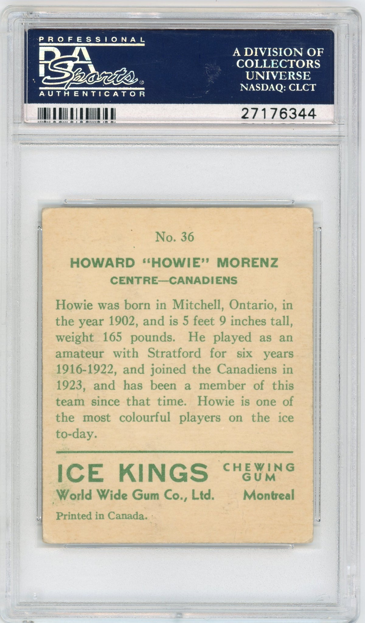 1933 V357 World Wide Gum Ice Kings #36 Howie Morenz PSA 3 HOF