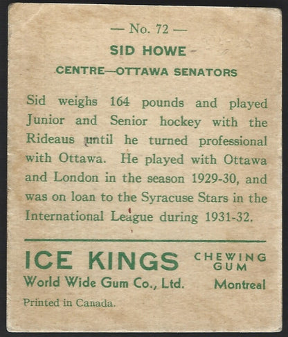 1933 V357 World Wide Gum Ice Kings #72 Sid (Syd) Howe RC HOF