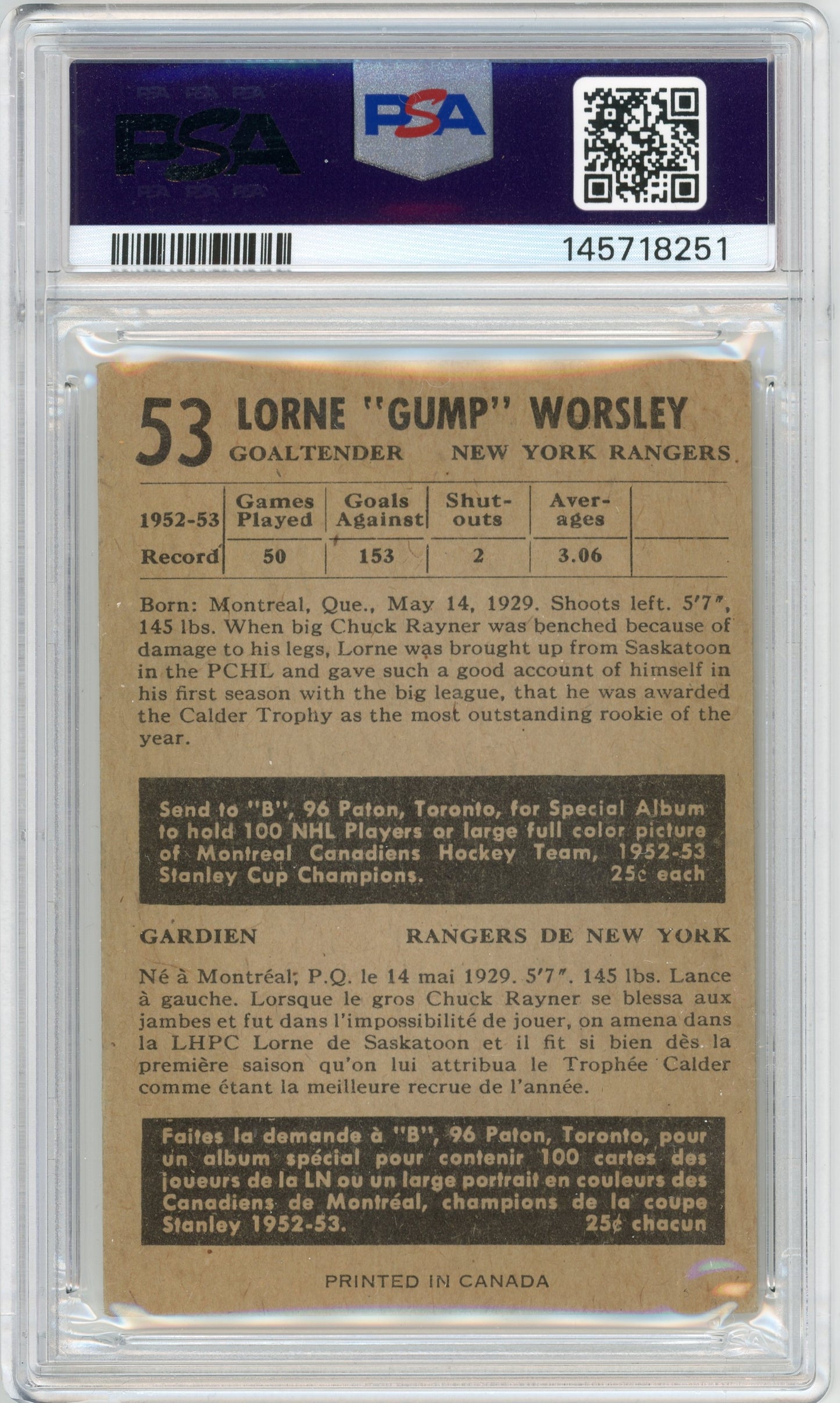 1953 Parkhurst #53 Gump Worsley RC HOF PSA 3