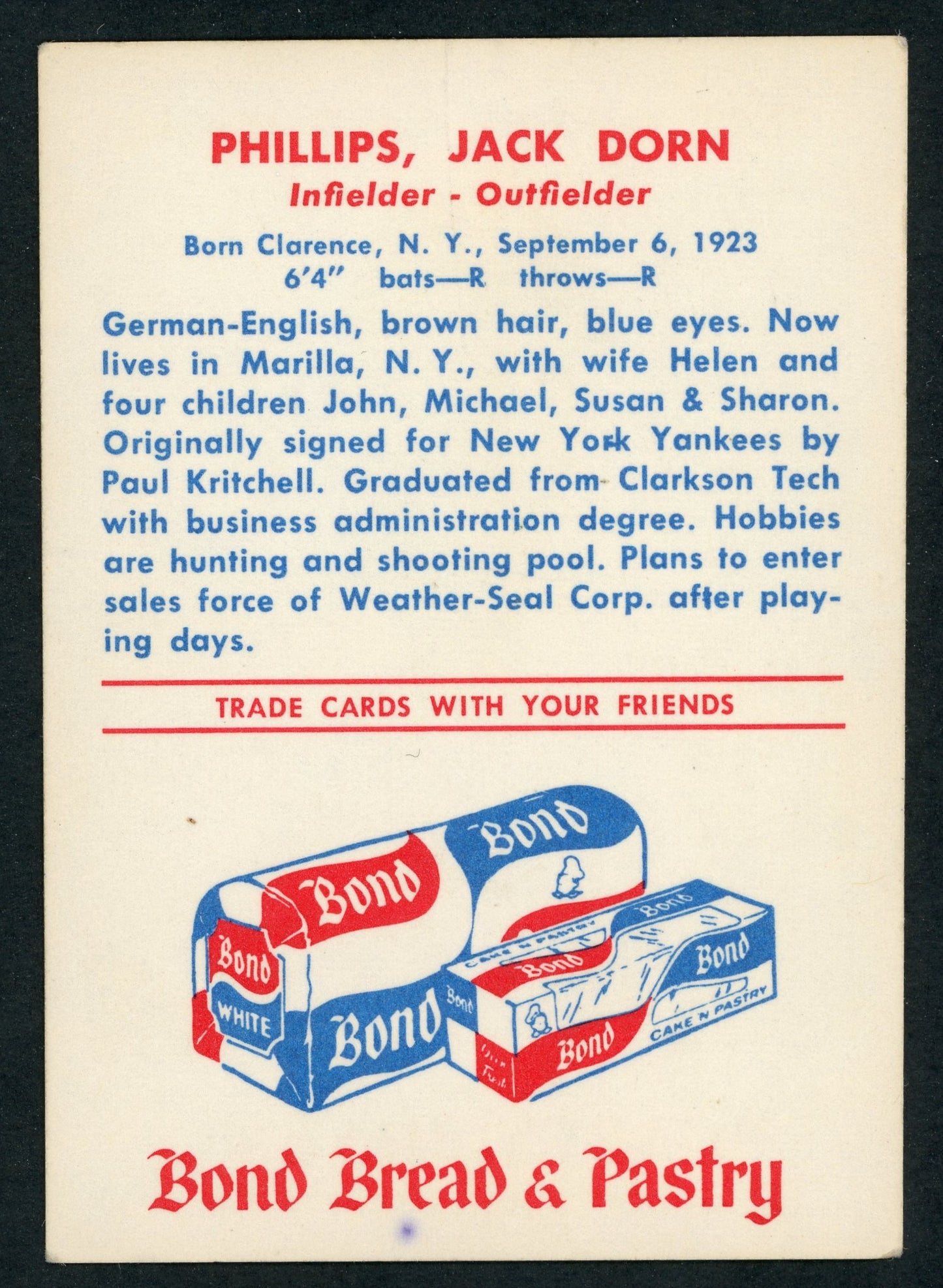 1958 Bond Bread Buffalo Bisons 9 Card Complete Set