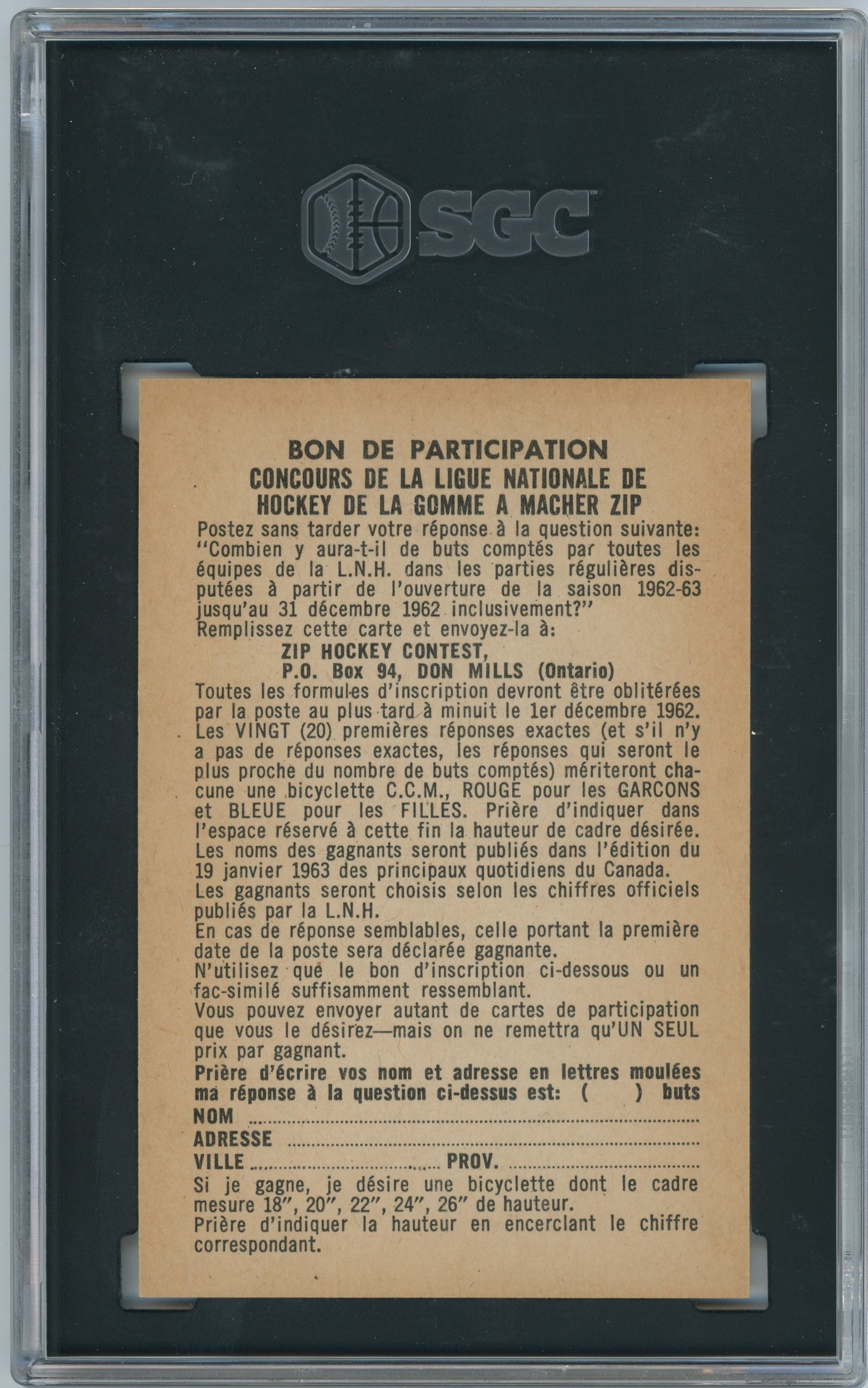 1962 Parkhurst #NNO Zip Hockey Contest Card SGC 8