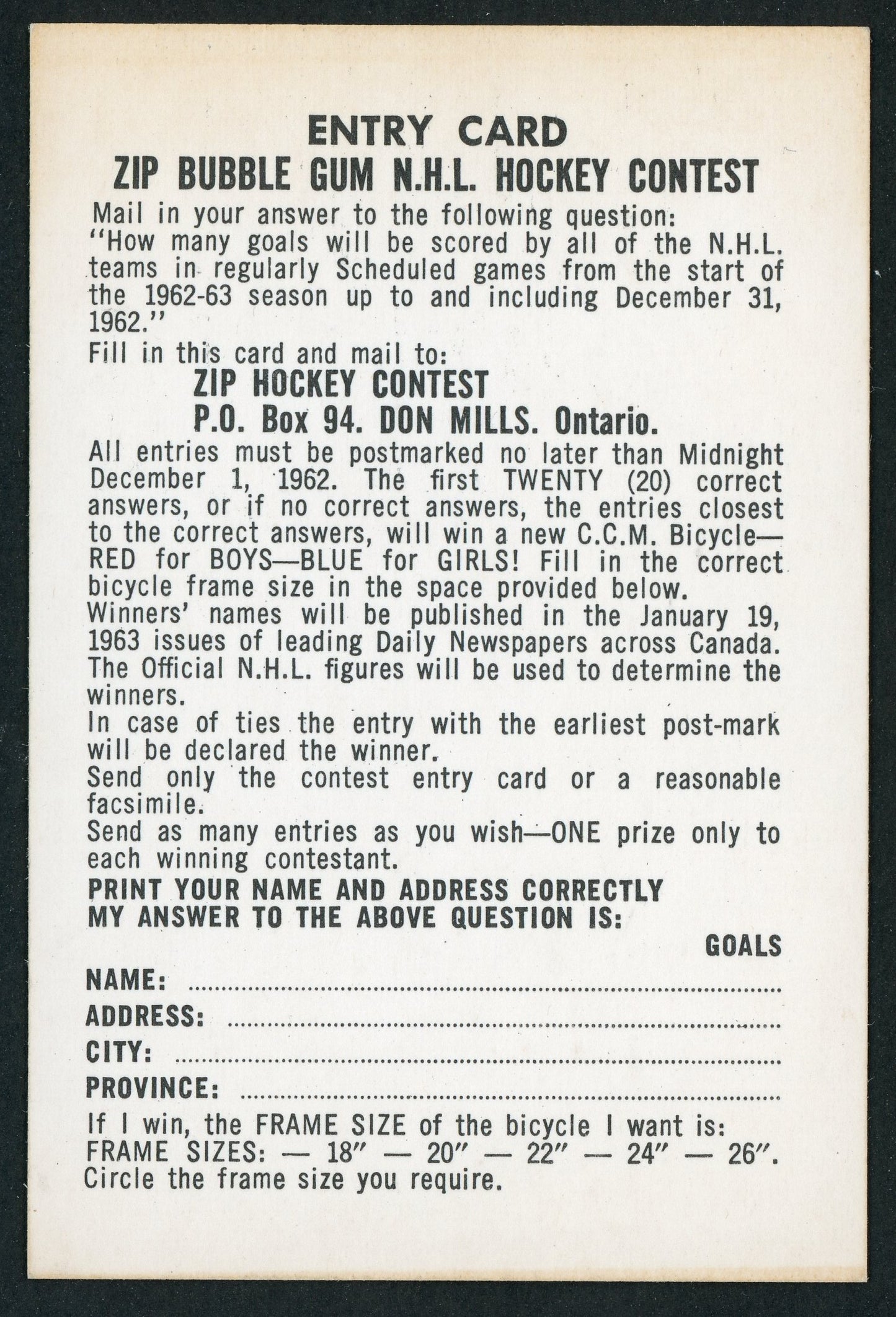 1962 Parkhurst #NNO Zip Hockey Contest Card