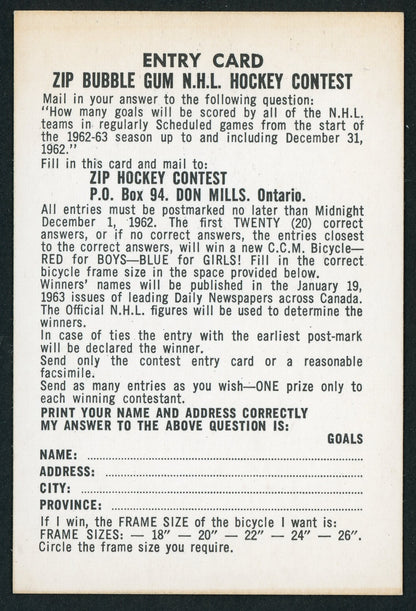 1962 Parkhurst #NNO Zip Hockey Contest Card