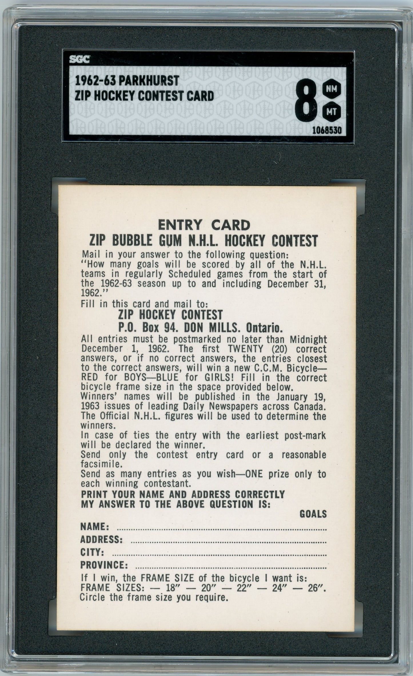 1962 Parkhurst #NNO Zip Hockey Contest Card SGC 8