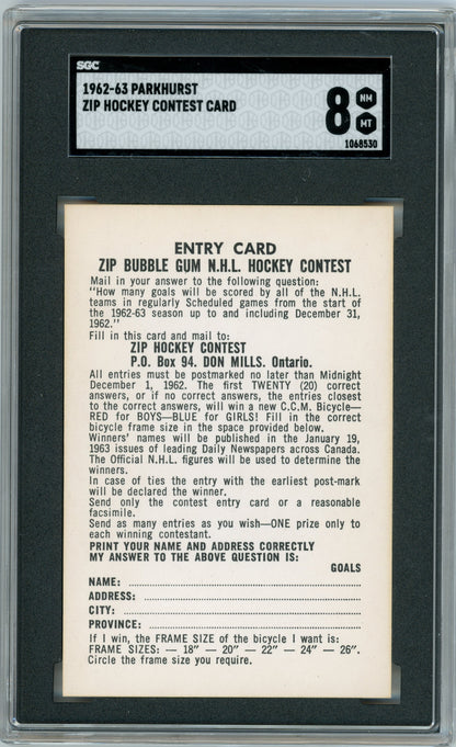 1962 Parkhurst #NNO Zip Hockey Contest Card SGC 8