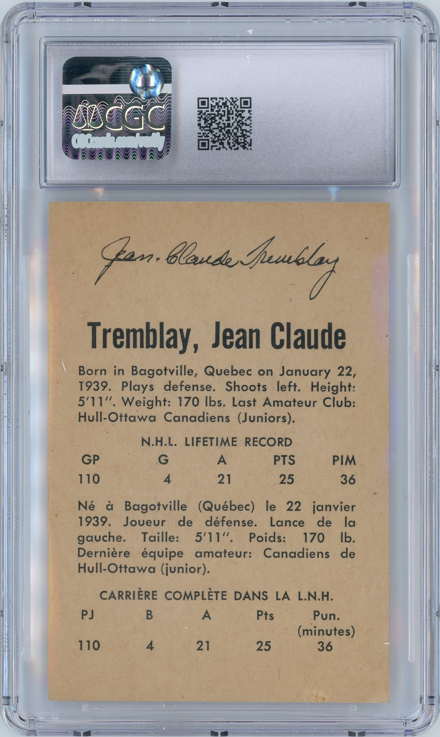 1962 Parkhurst #54 J.C. Tremblay RC CGC 6