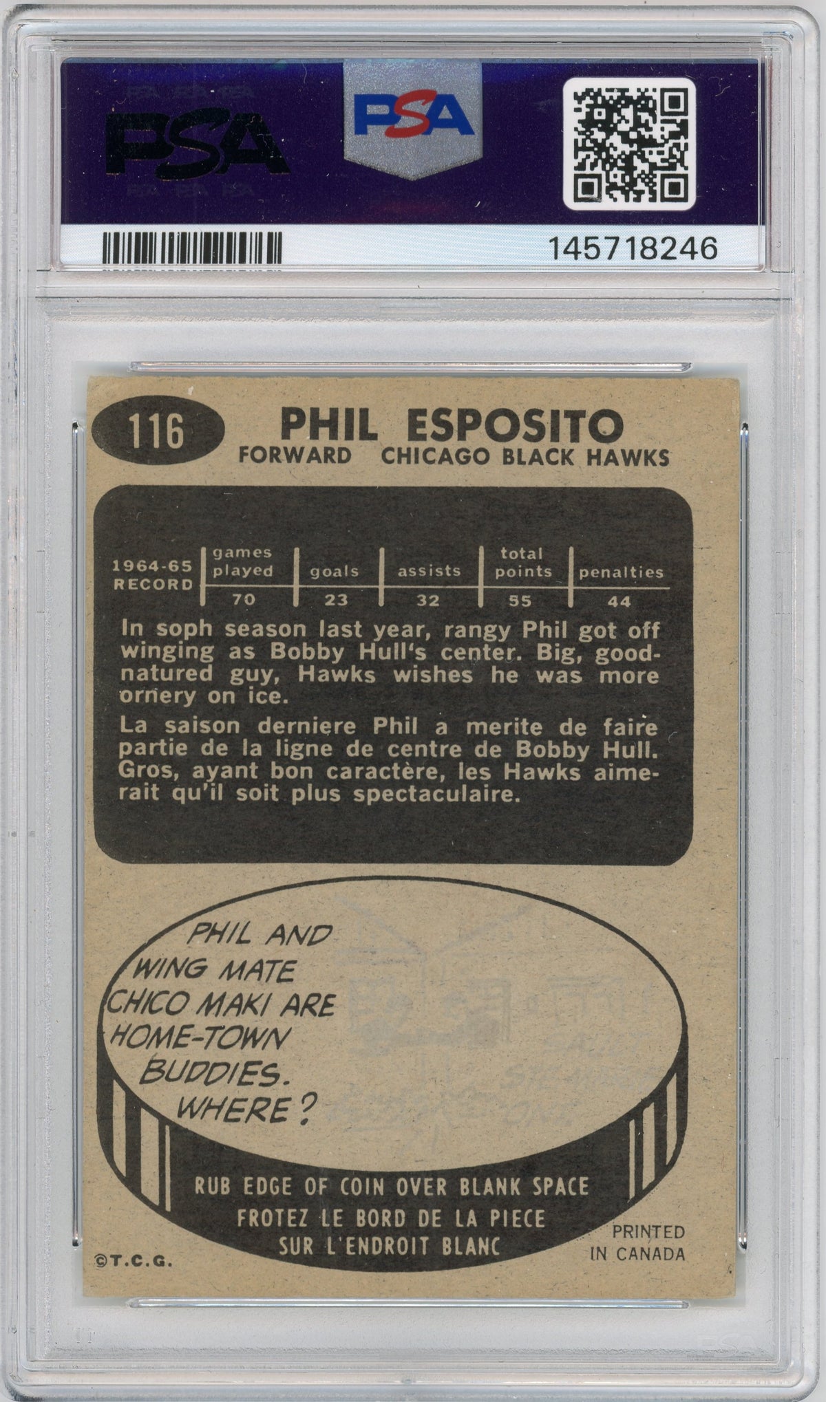1965 Topps #116 Phil Esposito RC HOF PSA 4
