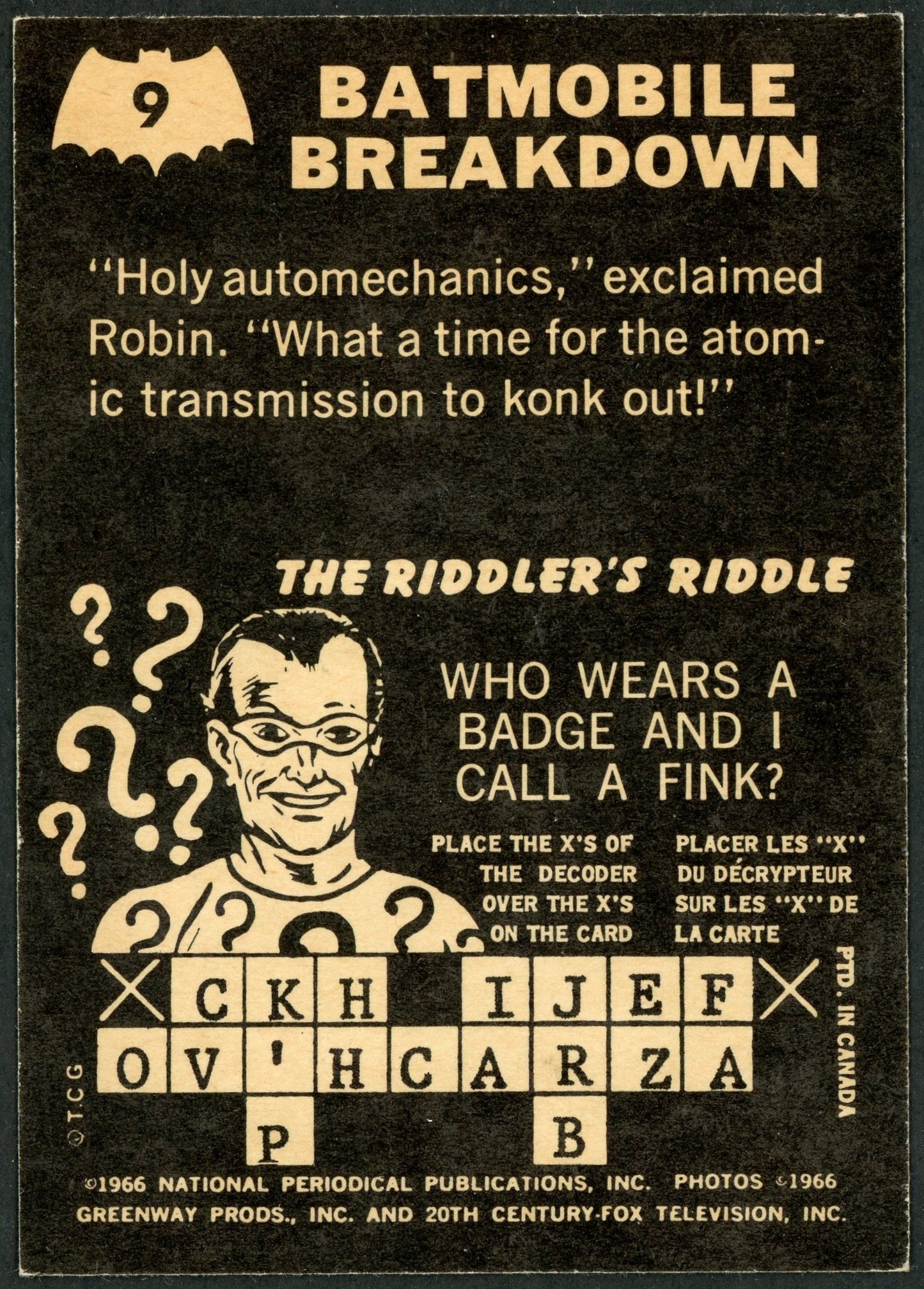 1966 O-Pee-Chee #09 Batman Riddler Back "Batmobile Breakdown"
