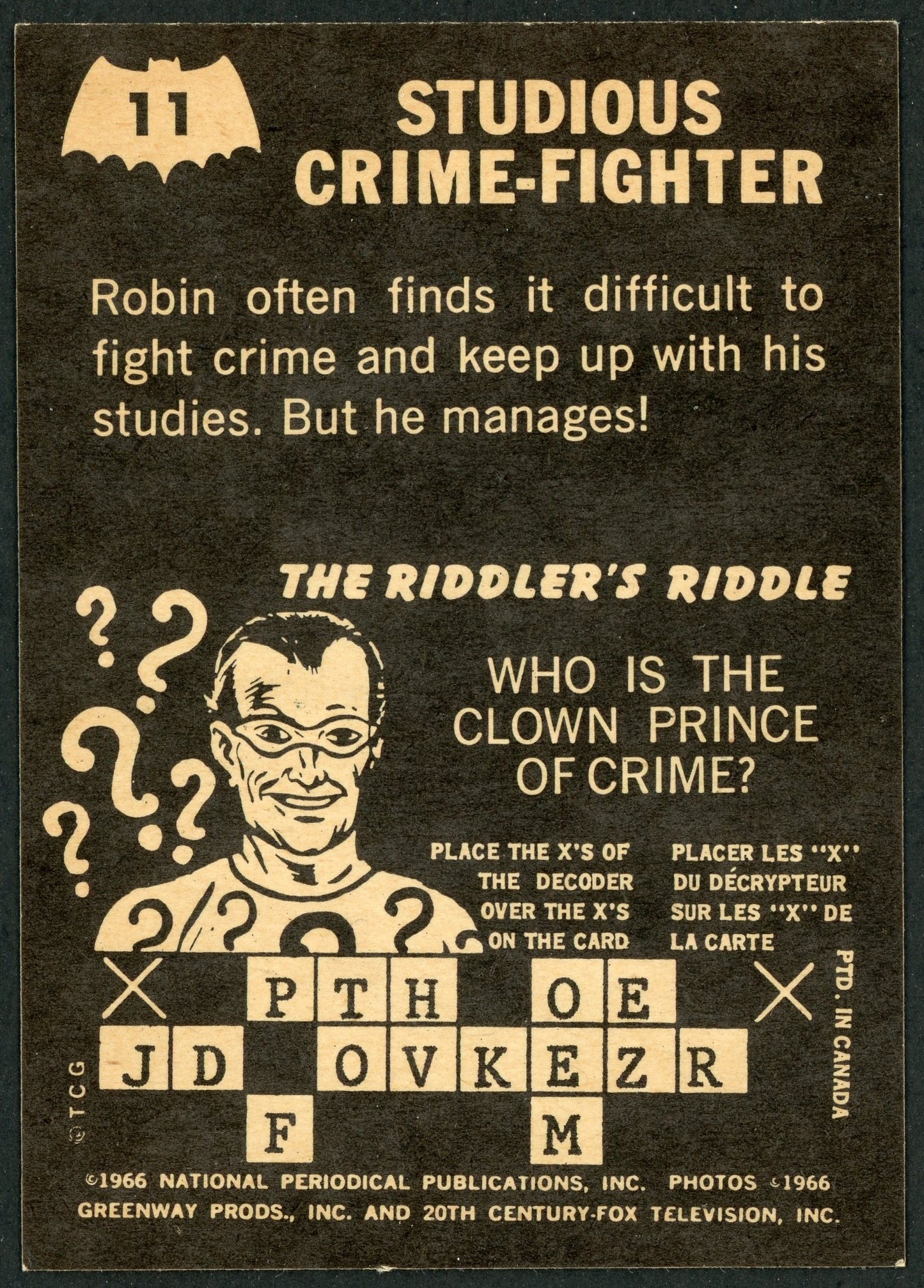 1966 O-Pee-Chee #11 Batman Riddler Back "Studious Crime-Fighter"