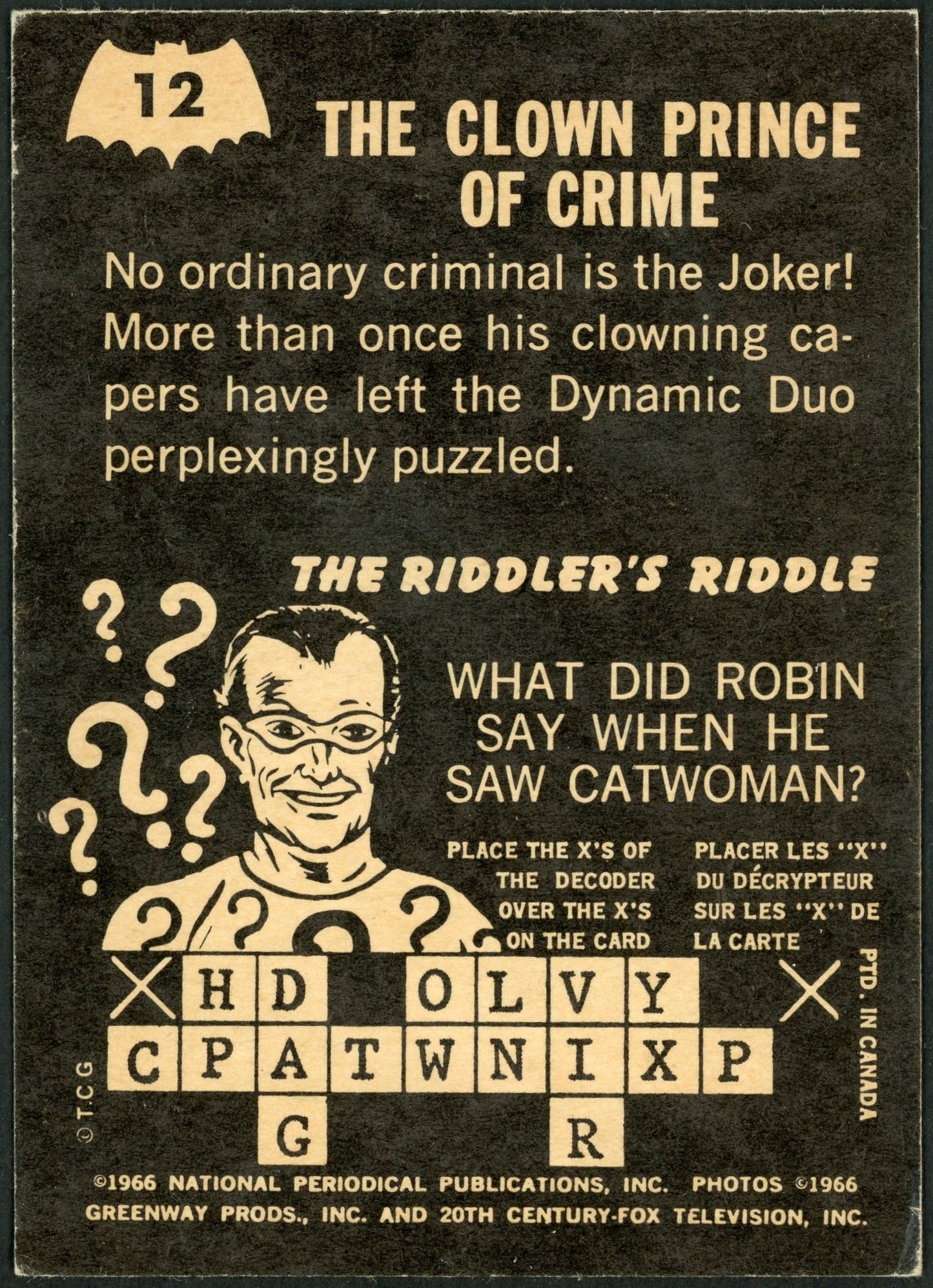 1966 O-Pee-Chee #12 Batman Riddler Back "The Clown Prince of Crime"