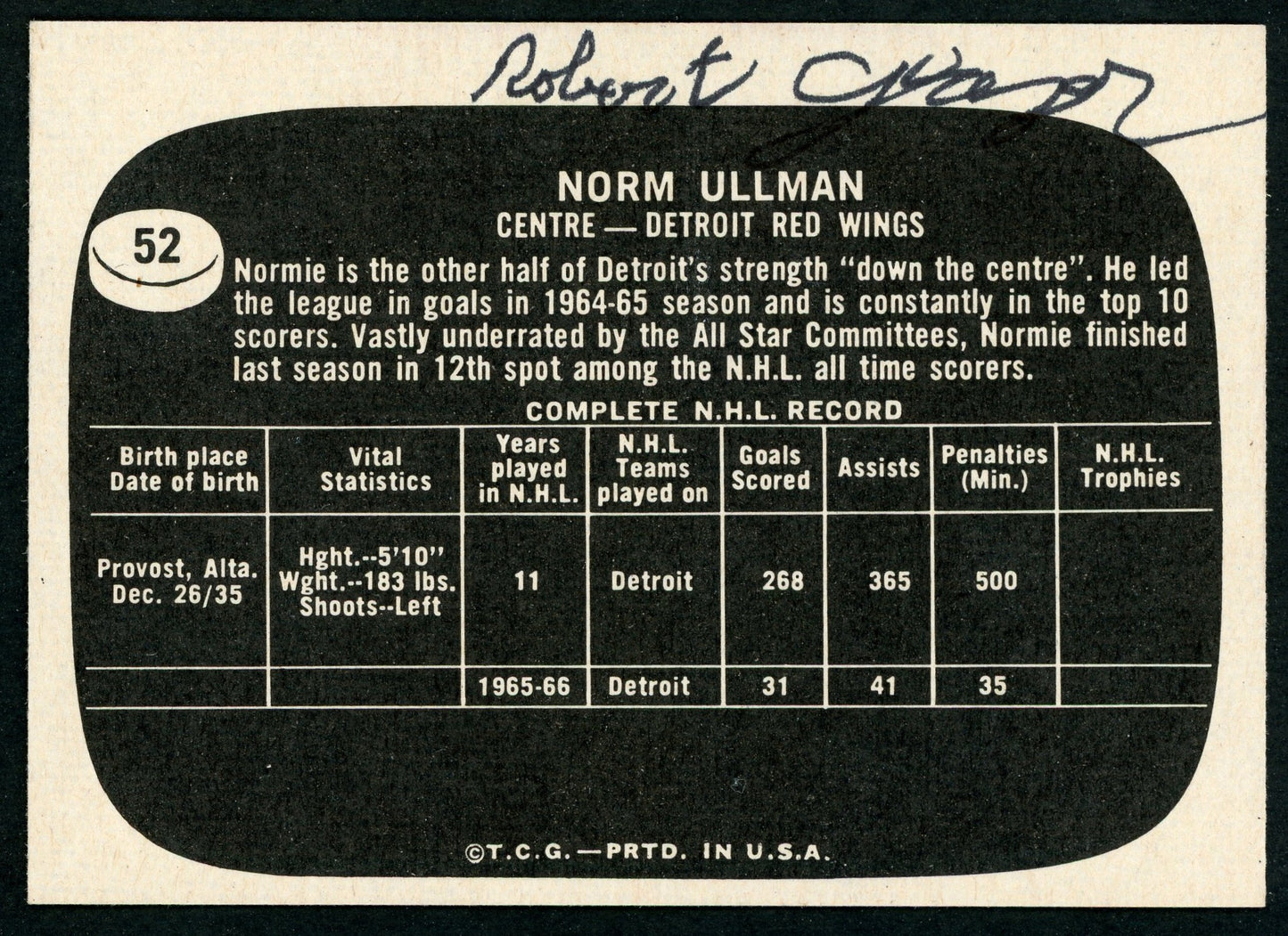 1966 Topps USA Test #52 Norm Ullman HOF